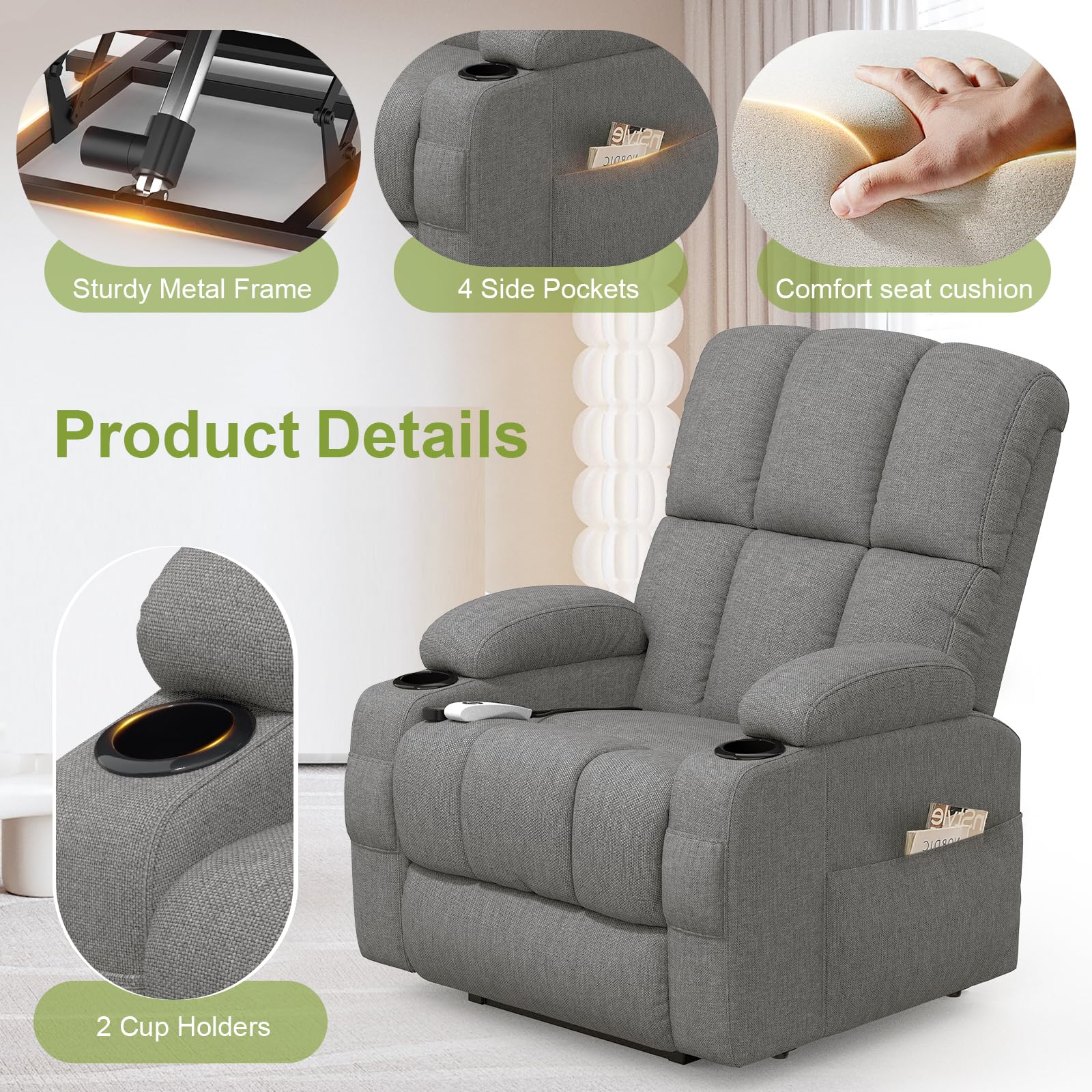 Sillón de relax de masaje, eléctrico, ajustable, con función reclinable, función de masaje, función de calor, tipo C y puertos USB, 4 bolsillos laterales, 2 soportes para bebidas, sillón de
