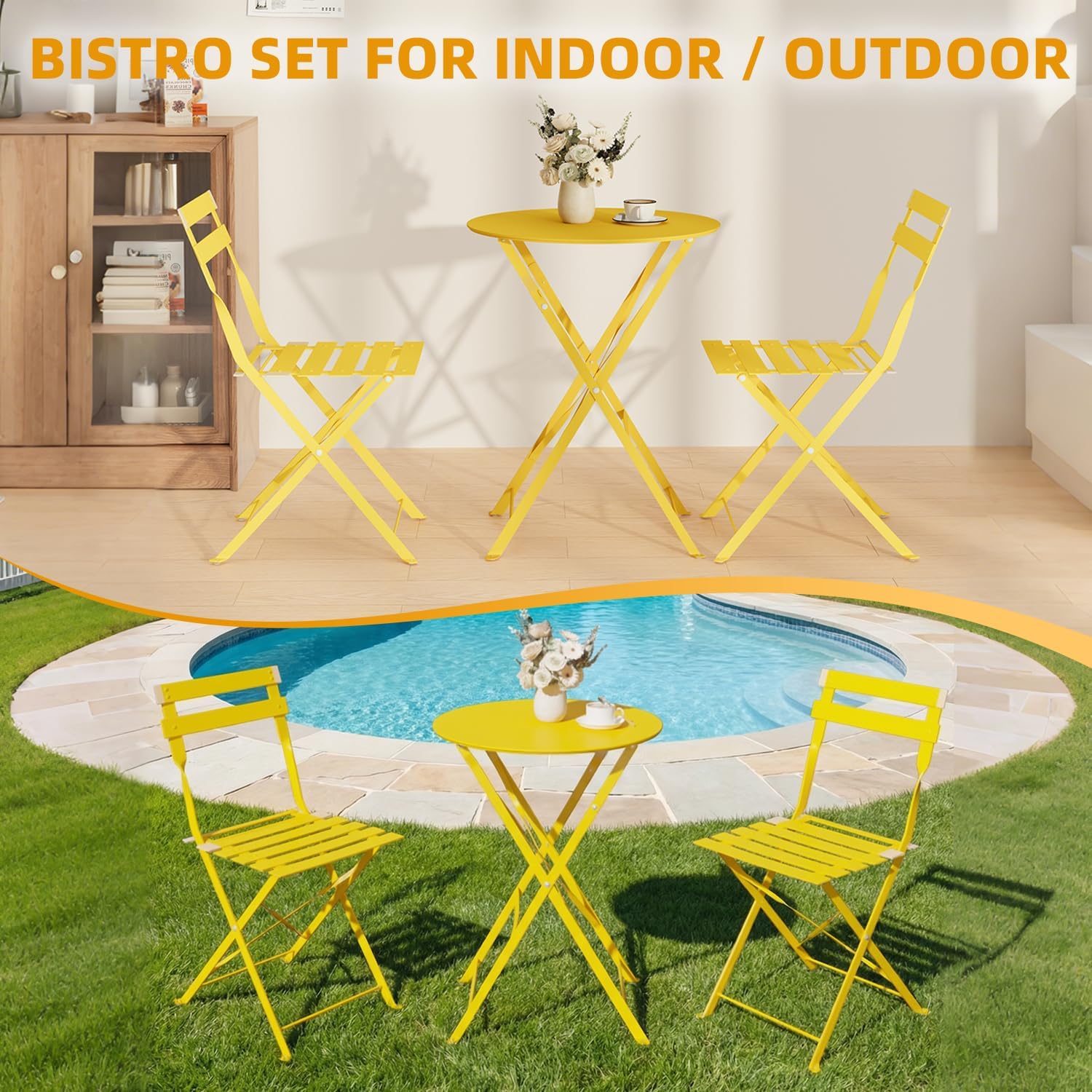 3-Piece Folding Bistro Set, 2 Chairs and 1 Coffee Table, Space Saving Weather-Resistant Frame, Portable Indoor/Outdoor Patio Furniture Conversation Set for Garden Porch Balcony Deck - Yellow