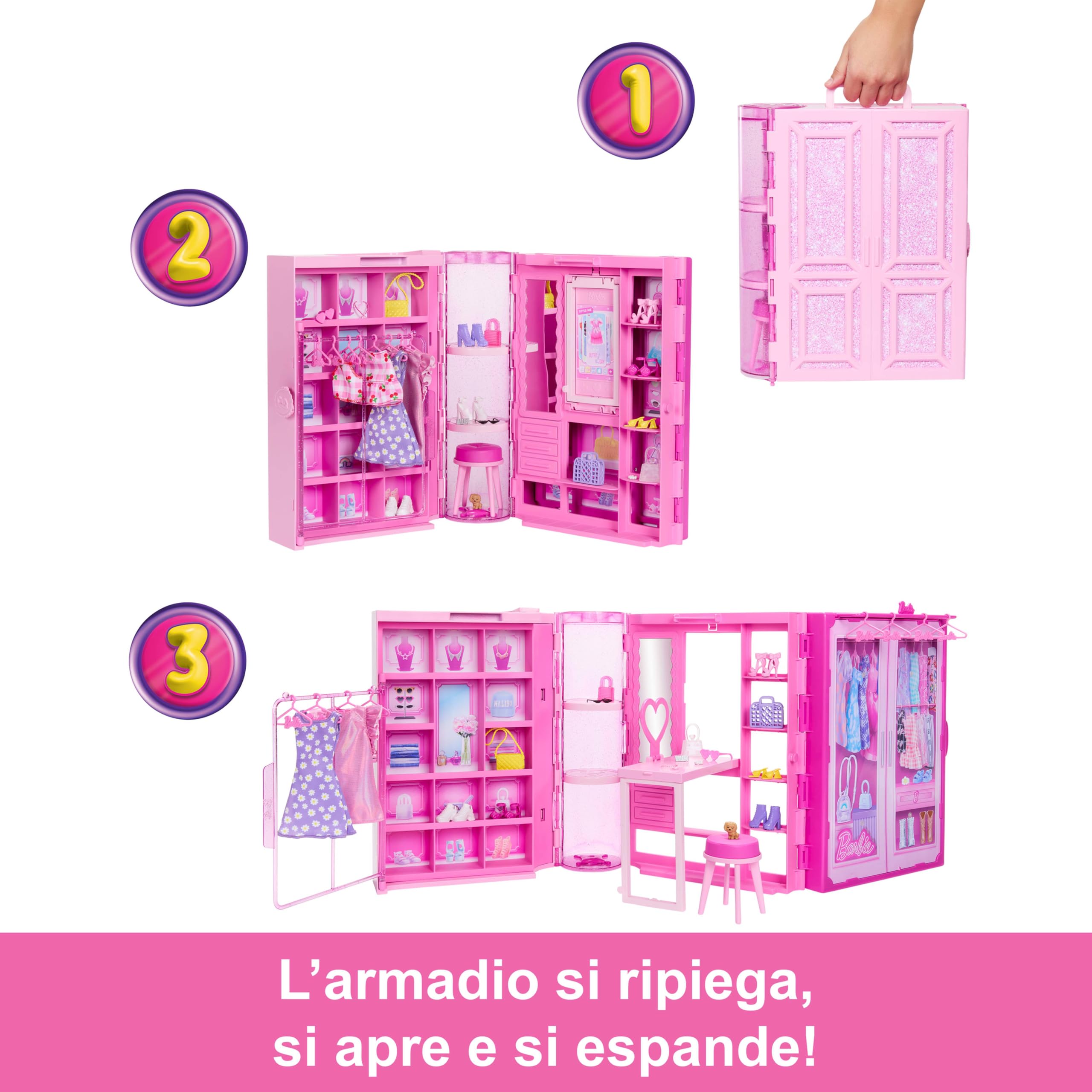 Barbie - Armadio dei Sogni, playset con bambola bionda alla moda, armadio largo 90+ cm con 25 vestiti e accessori, 3 look completi inclusi, giocattolo per bambini, 3+ anni, HXD58