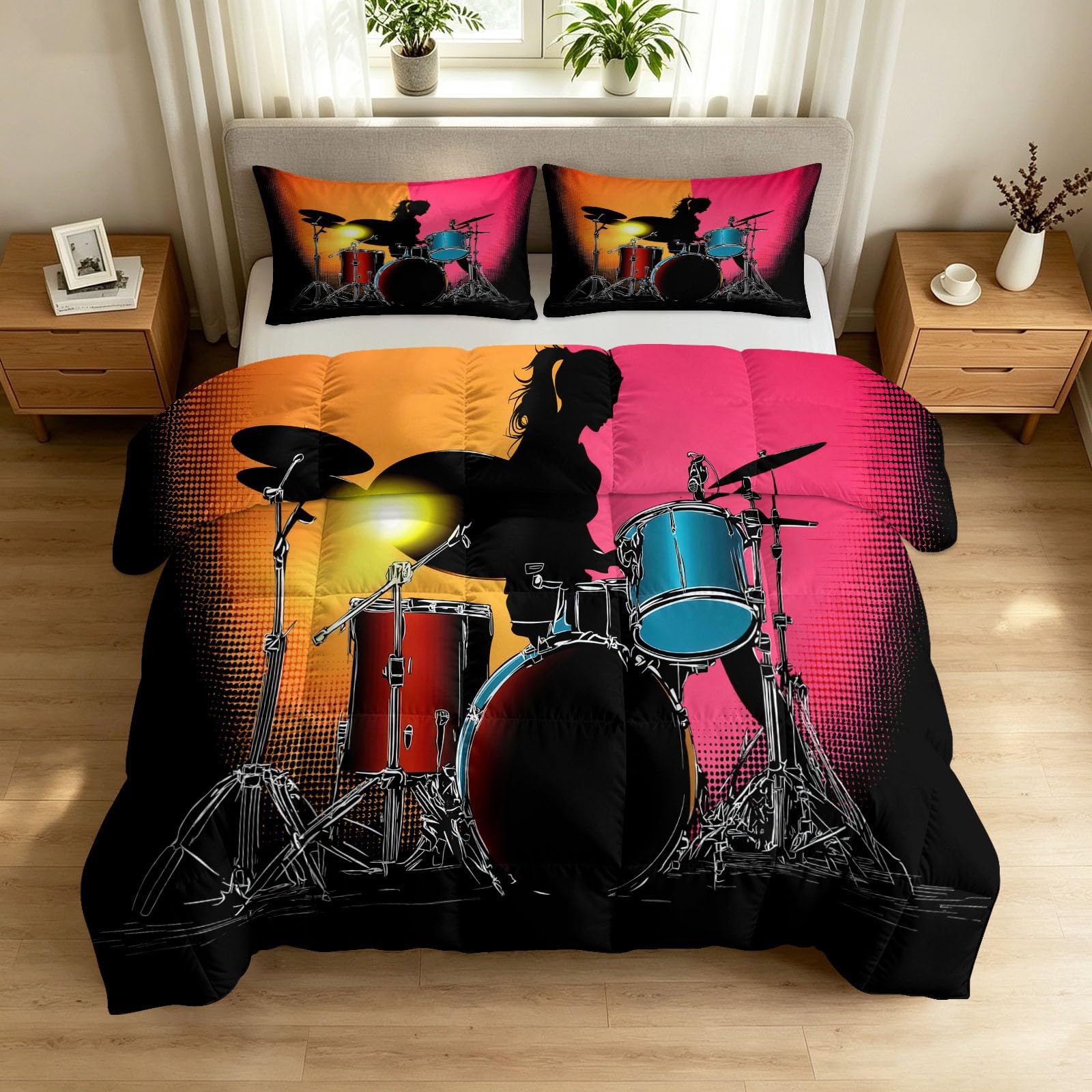 Kołdra bez poszewki na kołdrę 200 x 220 cm – letnia pościel z instrumentami rockowymi, lekka i chłodząca, cienka kołdra pikowana, dla alergików, perkusistki, nadaje się do prania, z 2 poszewkami na