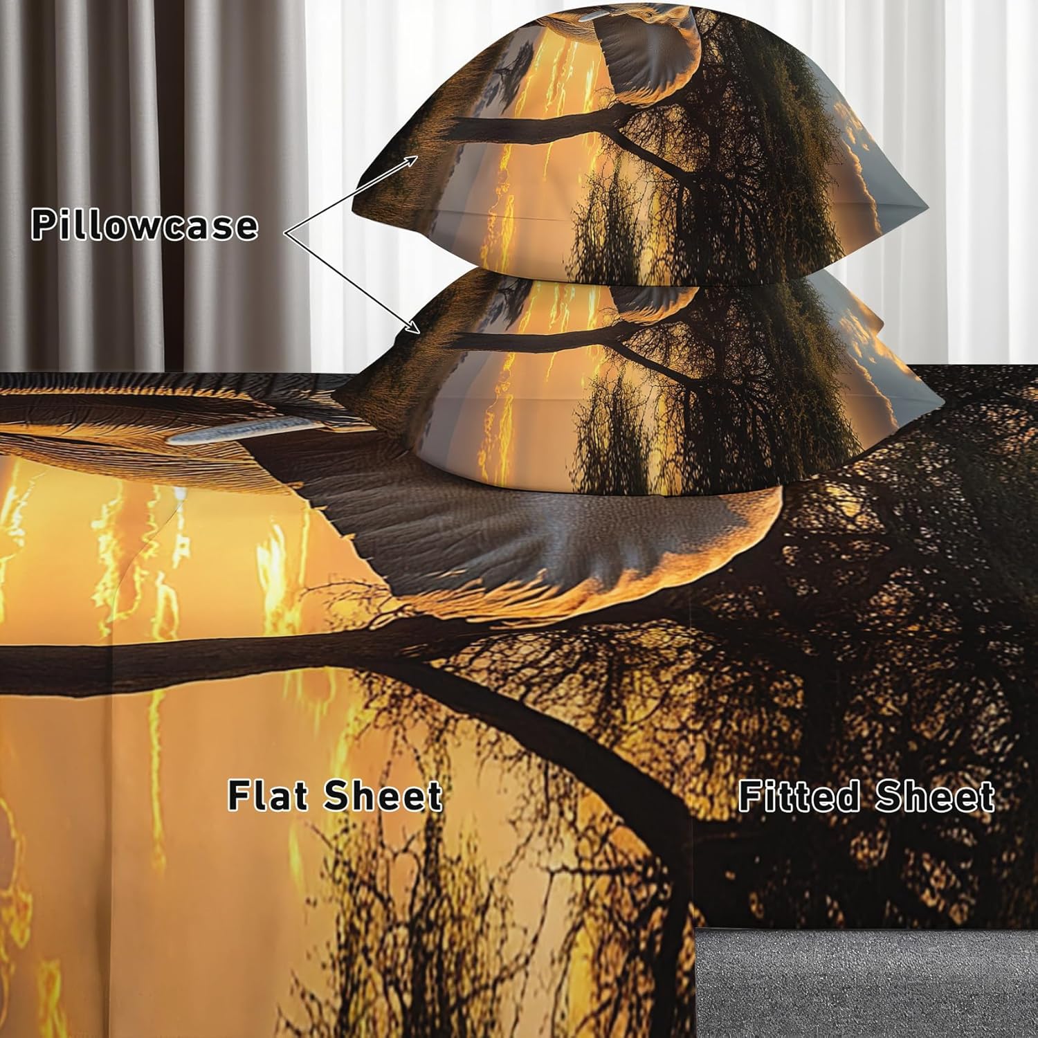 Elephant Sheets Queen Size - African Wildlife Sunset Bed Sheet Set - Deep Pocket Soft Microfiber Bedding Set 4 Piece - Fitted Flat Sheet Pillowcases - Elephant Bedroom Decor & Gifts