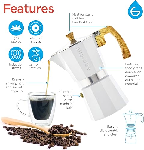 Vista 24 de Grosche Milano Cafetera espresso moca para estufa, de 3 tazas/5 onzas, cafetera cubana, cafetera greca, italiana, percoladora, rojo Rojo -,Negro