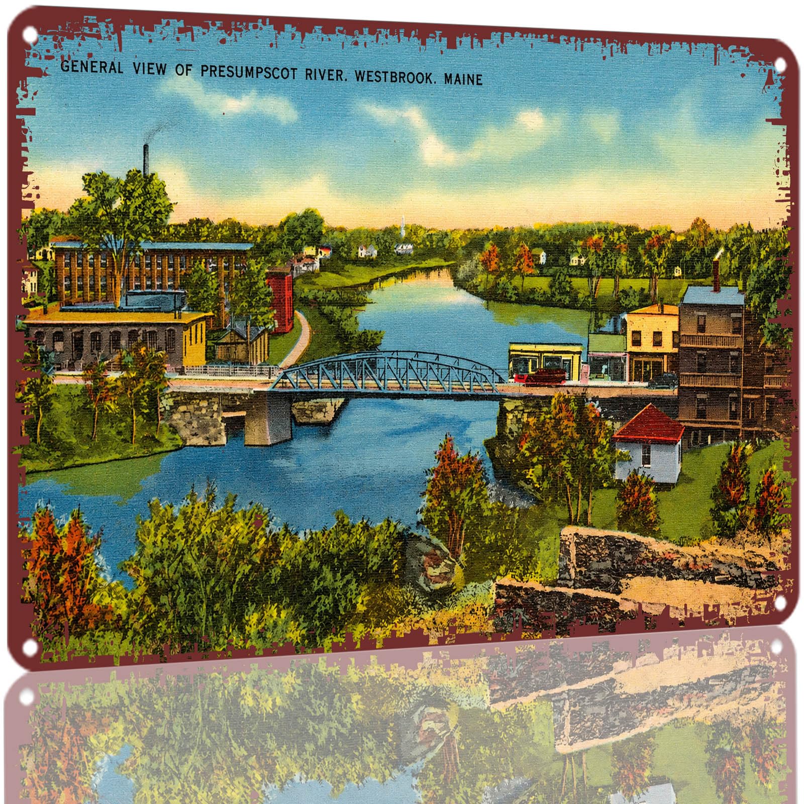 Kwqdozf As Pic Vintage Maine River Town View 8X12 Inch Aluminum Metal Wall Art Decorative
