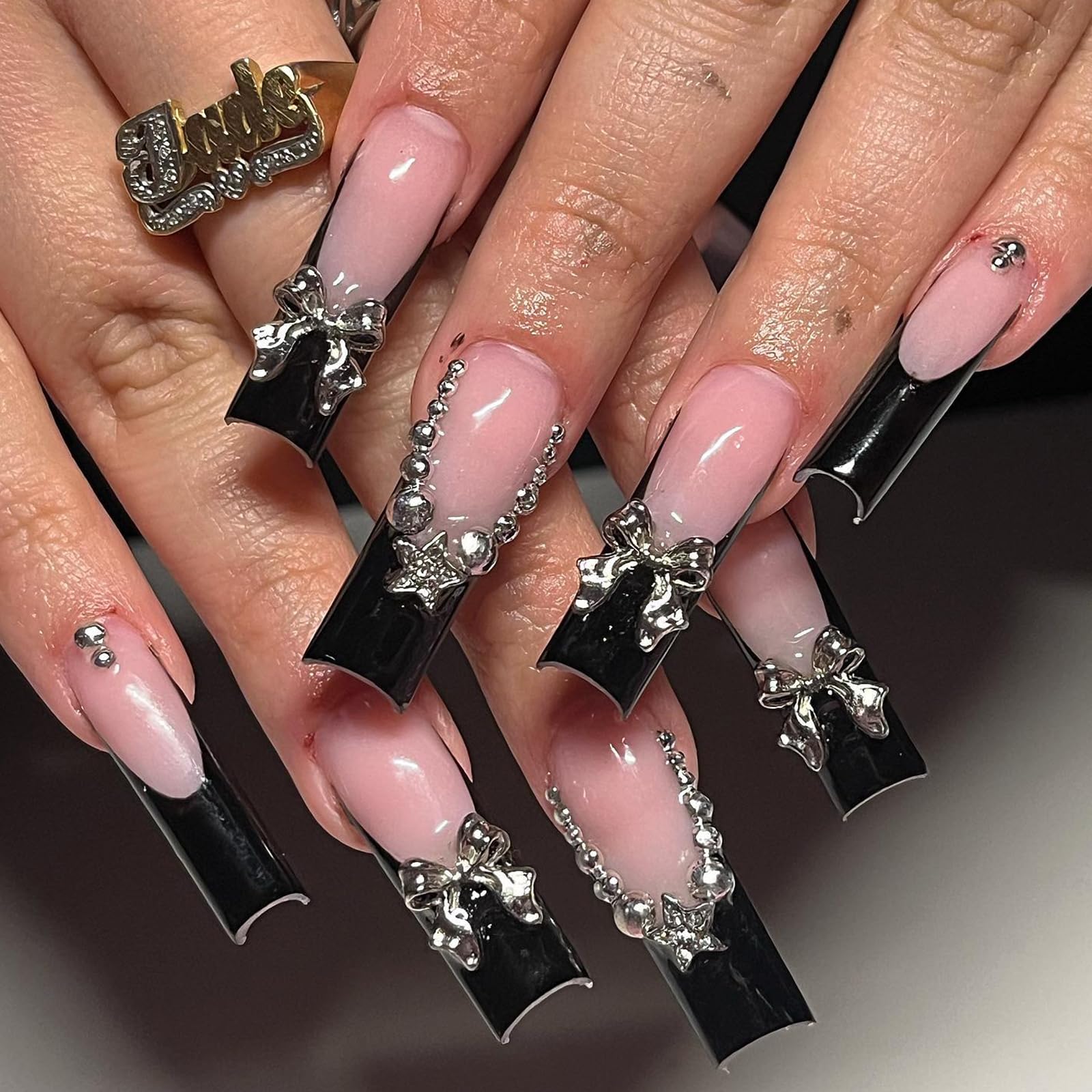Jremg Black French Tip Press on Nails Long Square Coffin Fake Nails with 3D Bow Charms Designs Glossy Silver Star Rhinestones Glue on Nails Y2K Nude