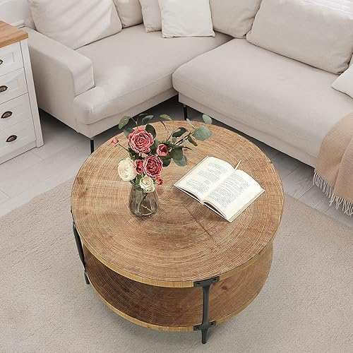 Miniatura 6 de Awescuti Mesa de centro redonda de madera bohemia  31.5 pulgadas, mesa de centro de madera natural de 2 niveles, muebles de sala de estar, color