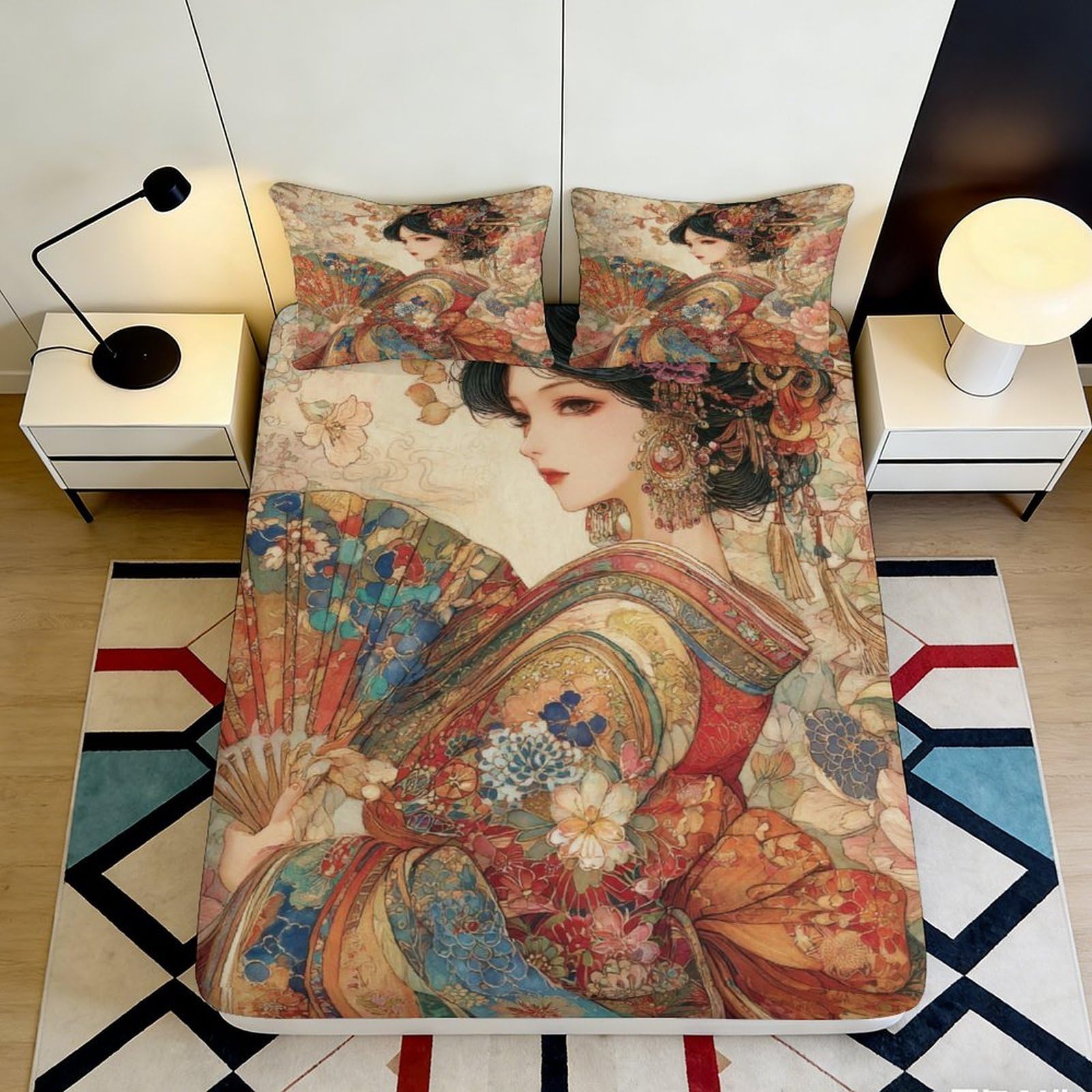 3D Printed Geisha Art Fitted Sheet Microfiber Soft Breathable Japanese Kimono Bed Cover for Bedroom Dorm Decor 90x200x25cm