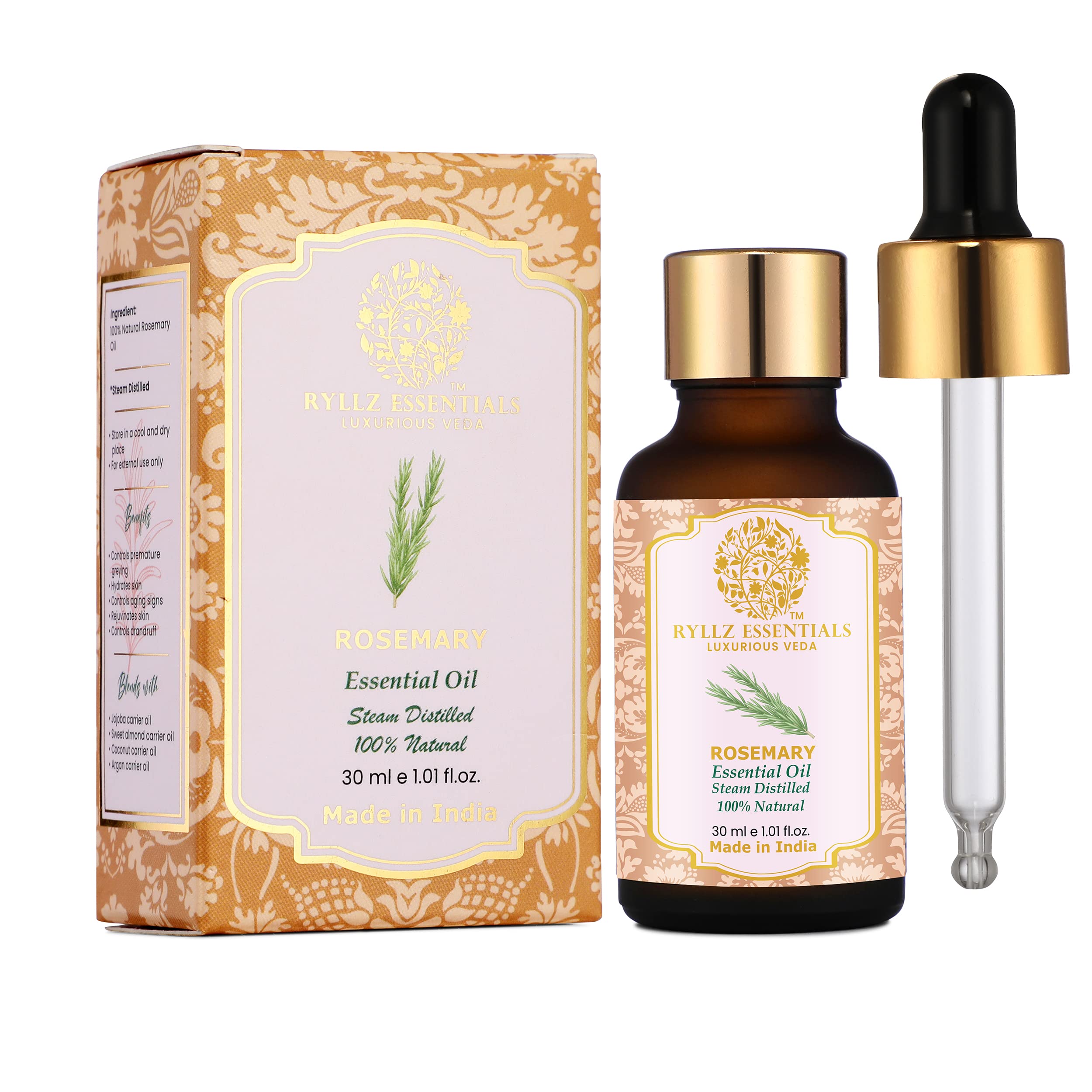 RYLLZ ESSENTIALS Rosemary Essential Oil 30ml | For Quick Hair Growth, Hair Fall Control, Dandruff, Shiny Soft, Nourishment & Skin Care | Salvia Rosmarinus | 100% Pure & Natural | Undiluted & Steam Distilled | 30ml