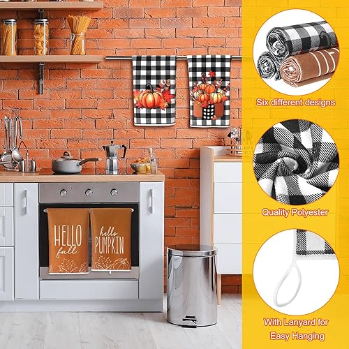 Miniatura 3 de Mixweer 6 toallas de cocina de otoño, toalla de mano de calabaza de Acción de Gracias, de 16 x 24 pulgadas, a cuadros de otoño, tela absorbente de