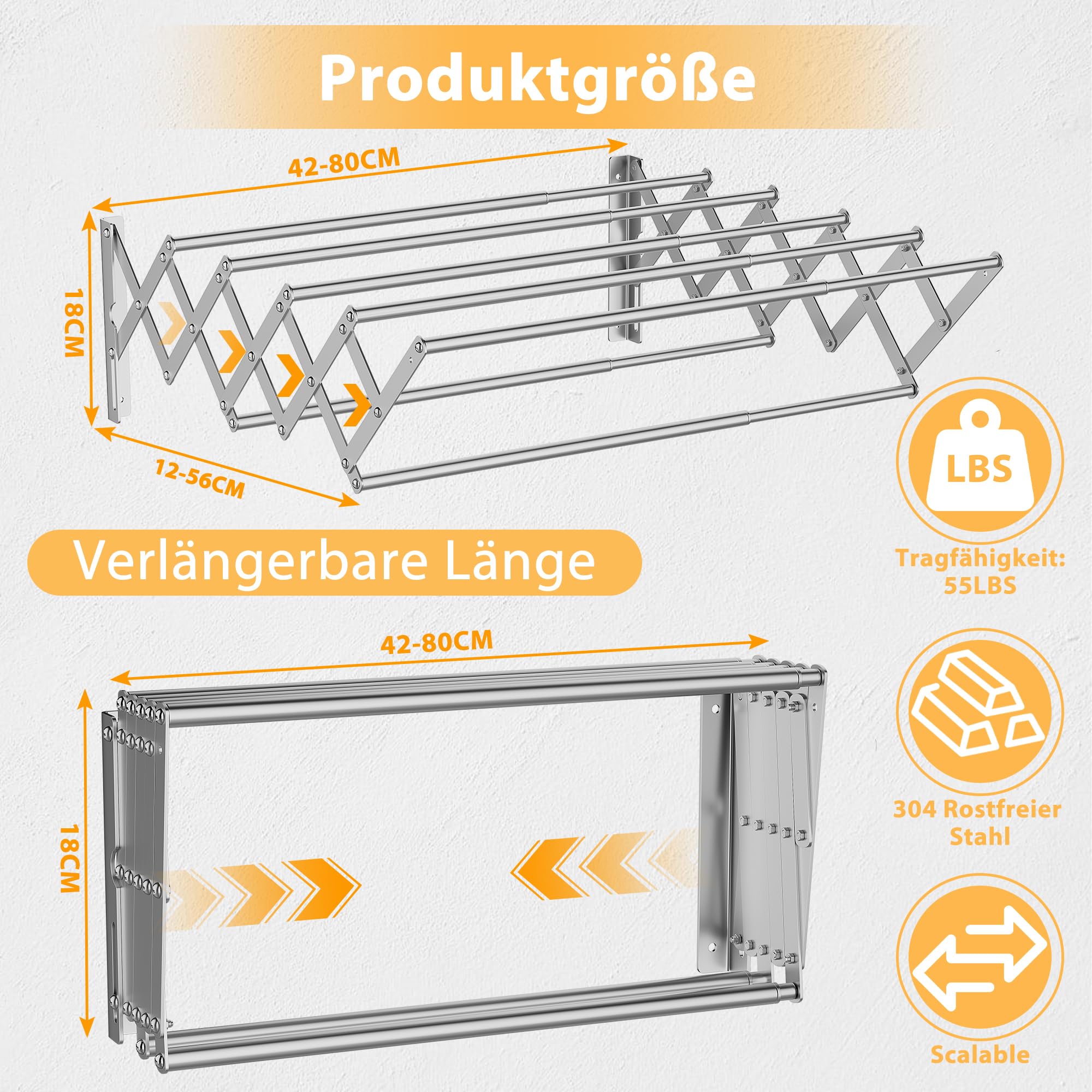 OUUTMEE Wand Wäscheständer Edelstahl Wandtrockner Ausziehbar, Vorderer und hinterer Teleskopbereich: 12~56cm, mit Sieben Zugstangen Tragfähigkeit 25kg (Silber)