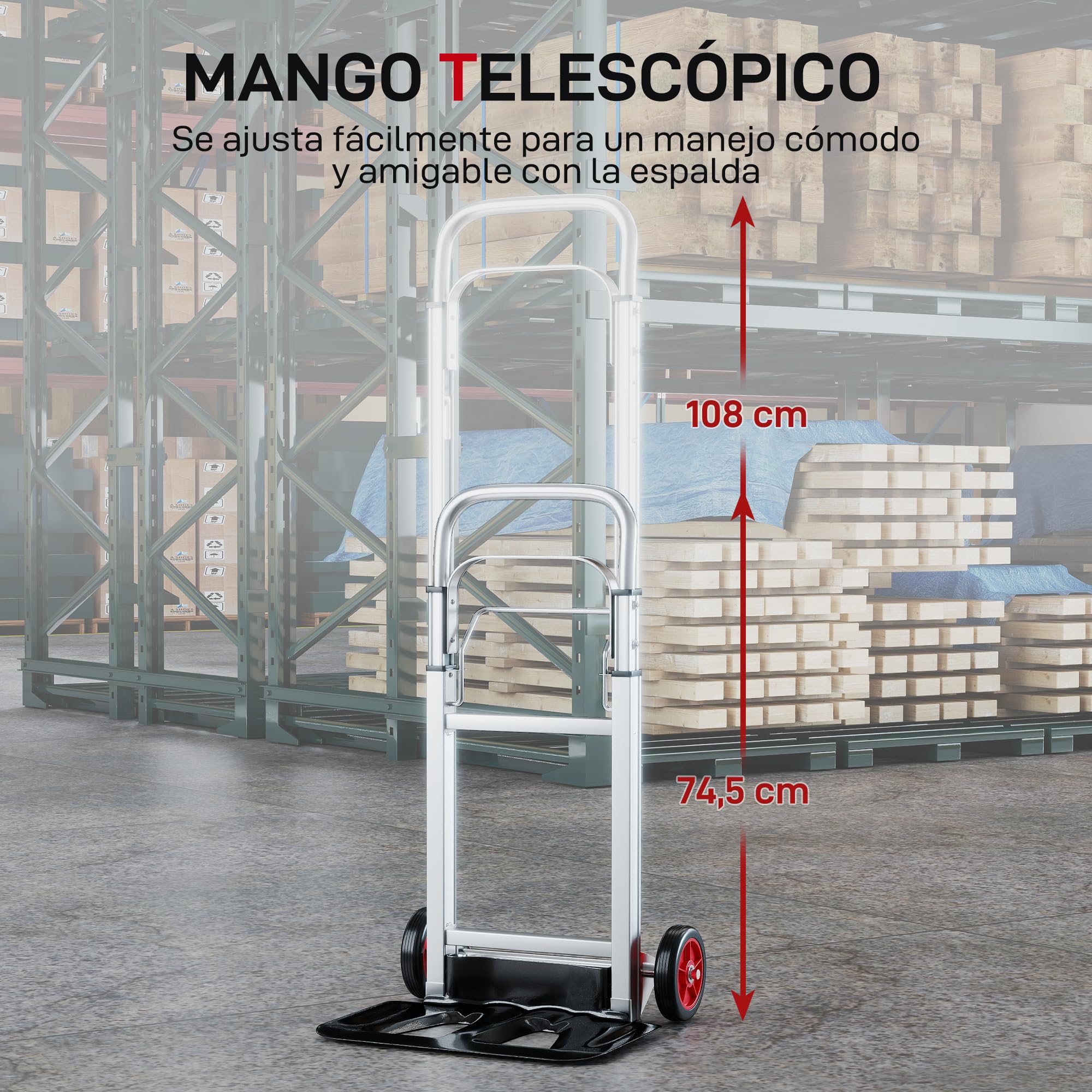 HOMCOM Carretilla Plegable de Aluminio con Ruedas 90 kg Plata y Negro | Mango Telescópico Ajustable, Carretilla de Mano, para Garaje Oficina, Equipaje Viajes, Mudanzas Compras