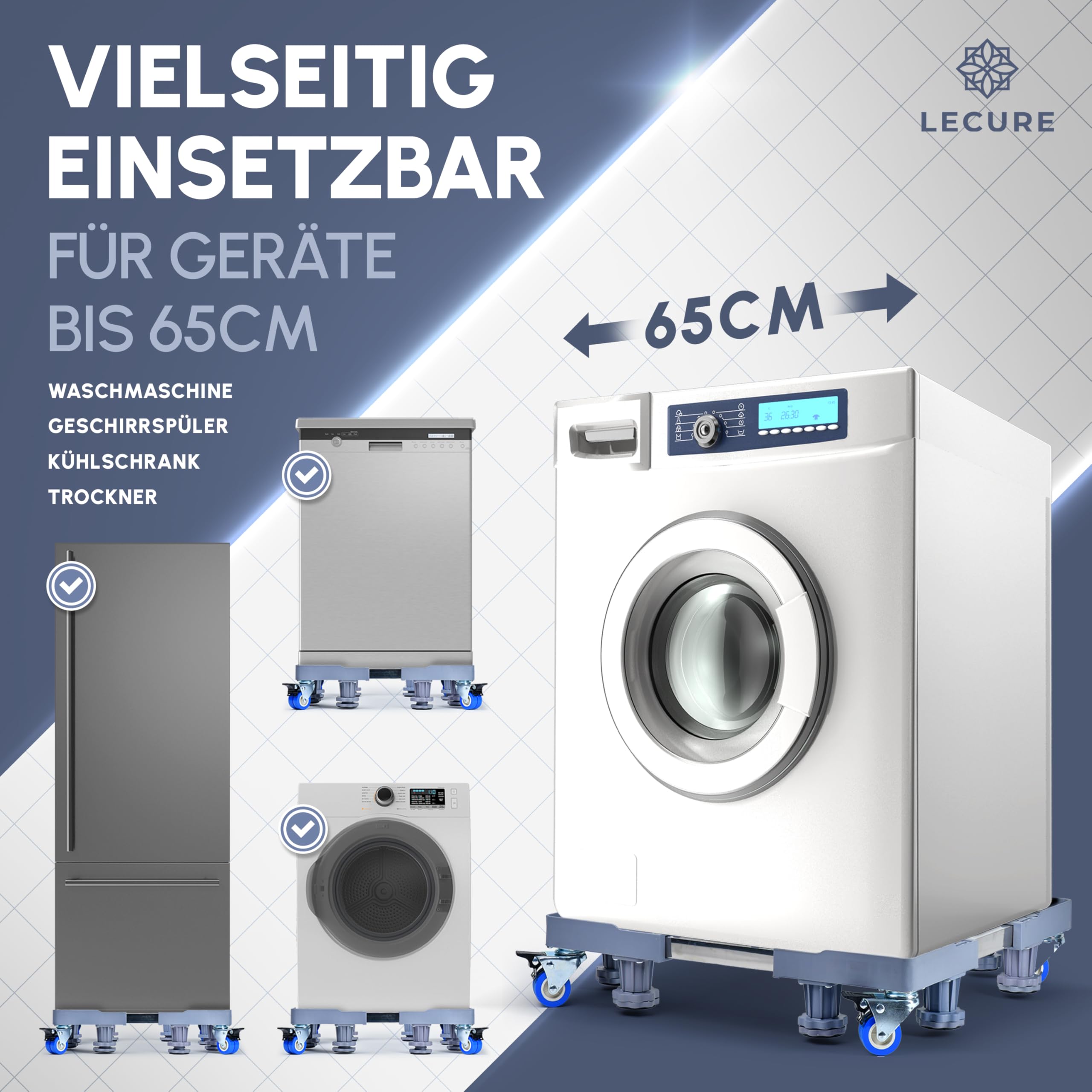 Waschmaschinen-Untergestell mit Rollen [verstellbar: 41-65 cm Länge und 9-12 cm Höhe] - Podest zur Erhöhung von Waschmaschine, Trockner, Kühlschrank & Co. [inkl. Vibrationsschutz]