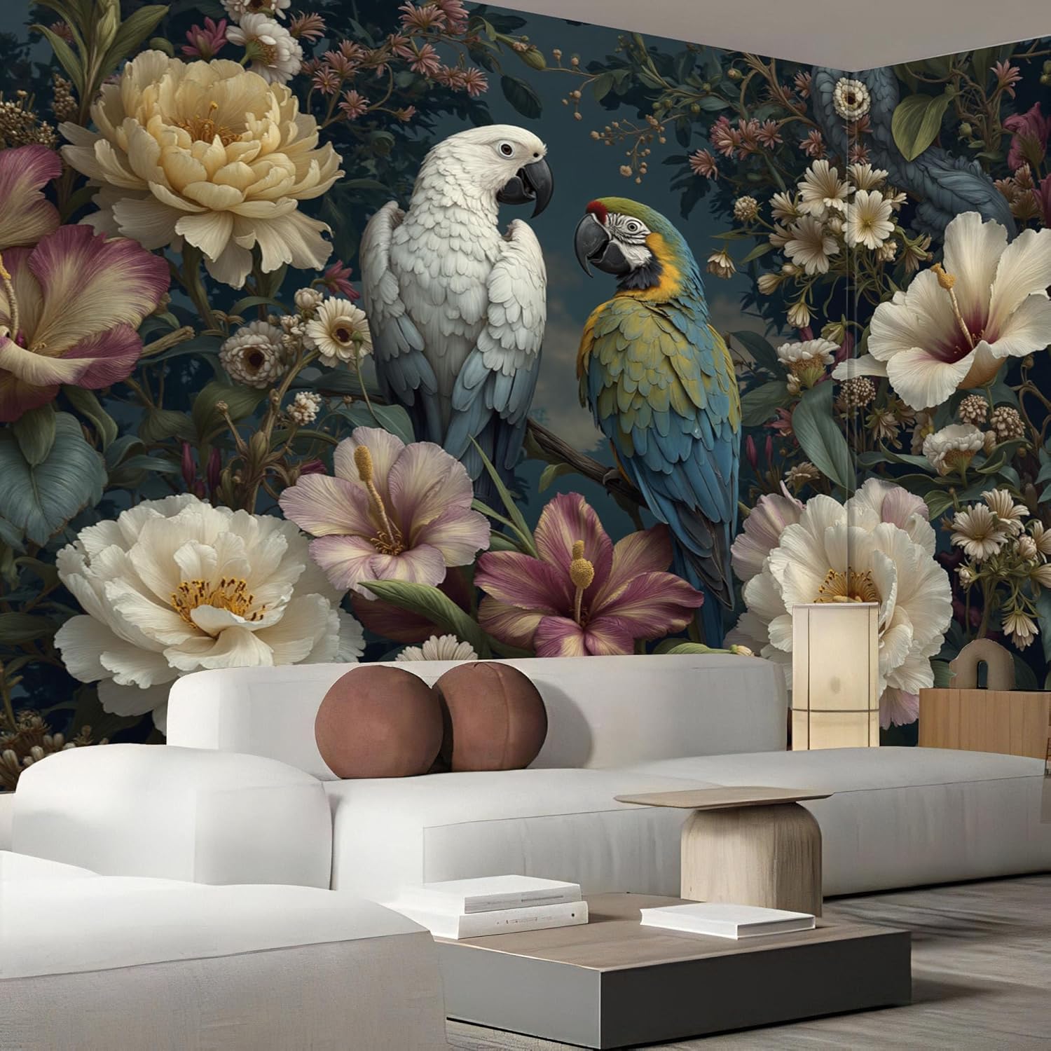 3D Wall Mural Parrot Flowers Print Photo Wallpaper, Luxury Silk Wall Mural Decoration Maximalism Jungle Wall Sticker for Bedroom, Living Room, Sofa Backdrop Decor 183" Wx 120" H, Green