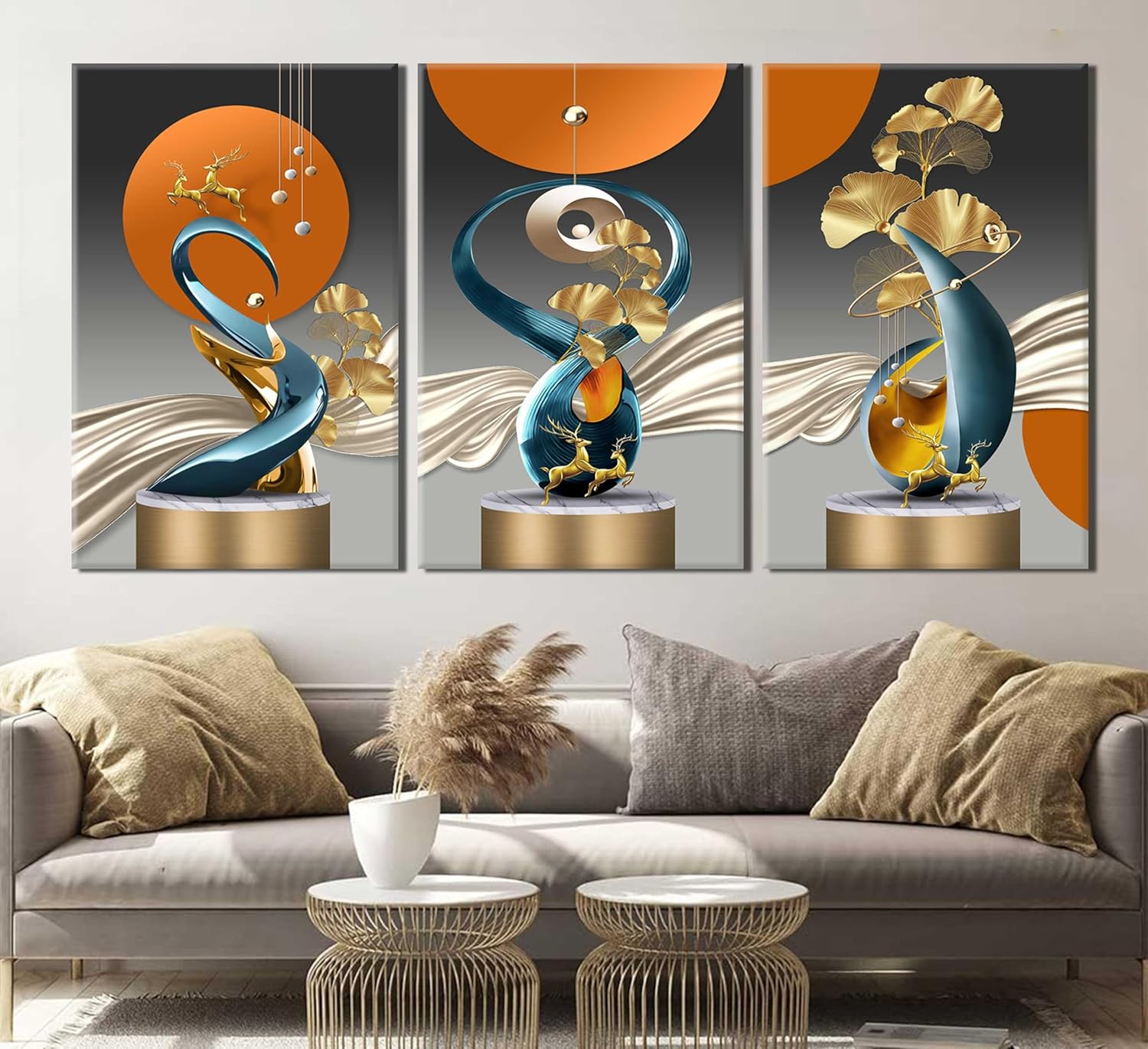 3 Pcs Bright Style Canvas wall Art Golden Deer Luxury Foil Lines Paintings Pictures Modern Abstract White Blue orange color Grey Posters Prints for Living Room Bedroom Office Home Wall Decor Framed