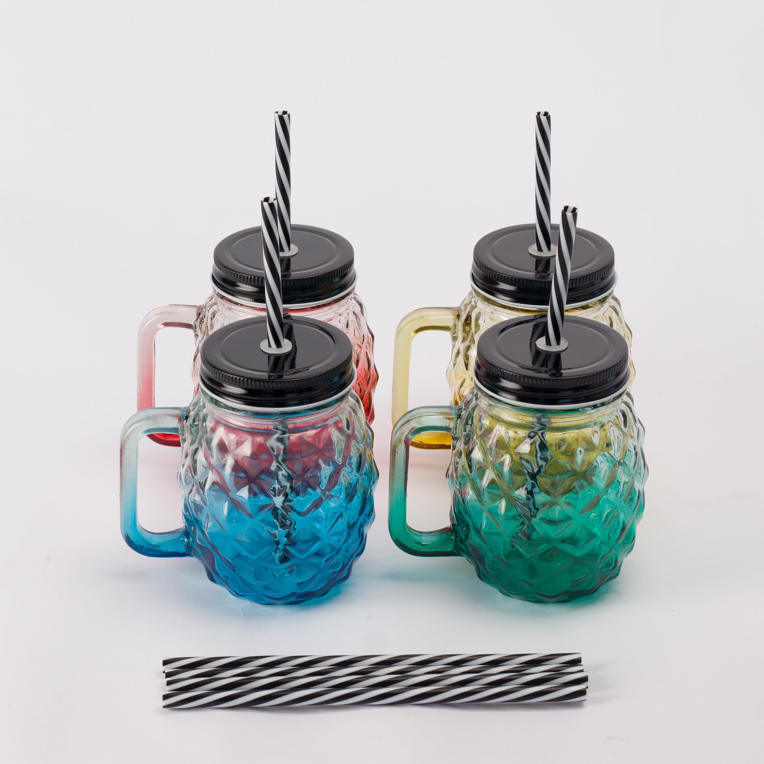 Relaxdays Bicchieri in Vetro con Coperchio, Cannuccia, Manico, Design Ananas, Chiusura a Vite, Set 4x500ml, Multicolore