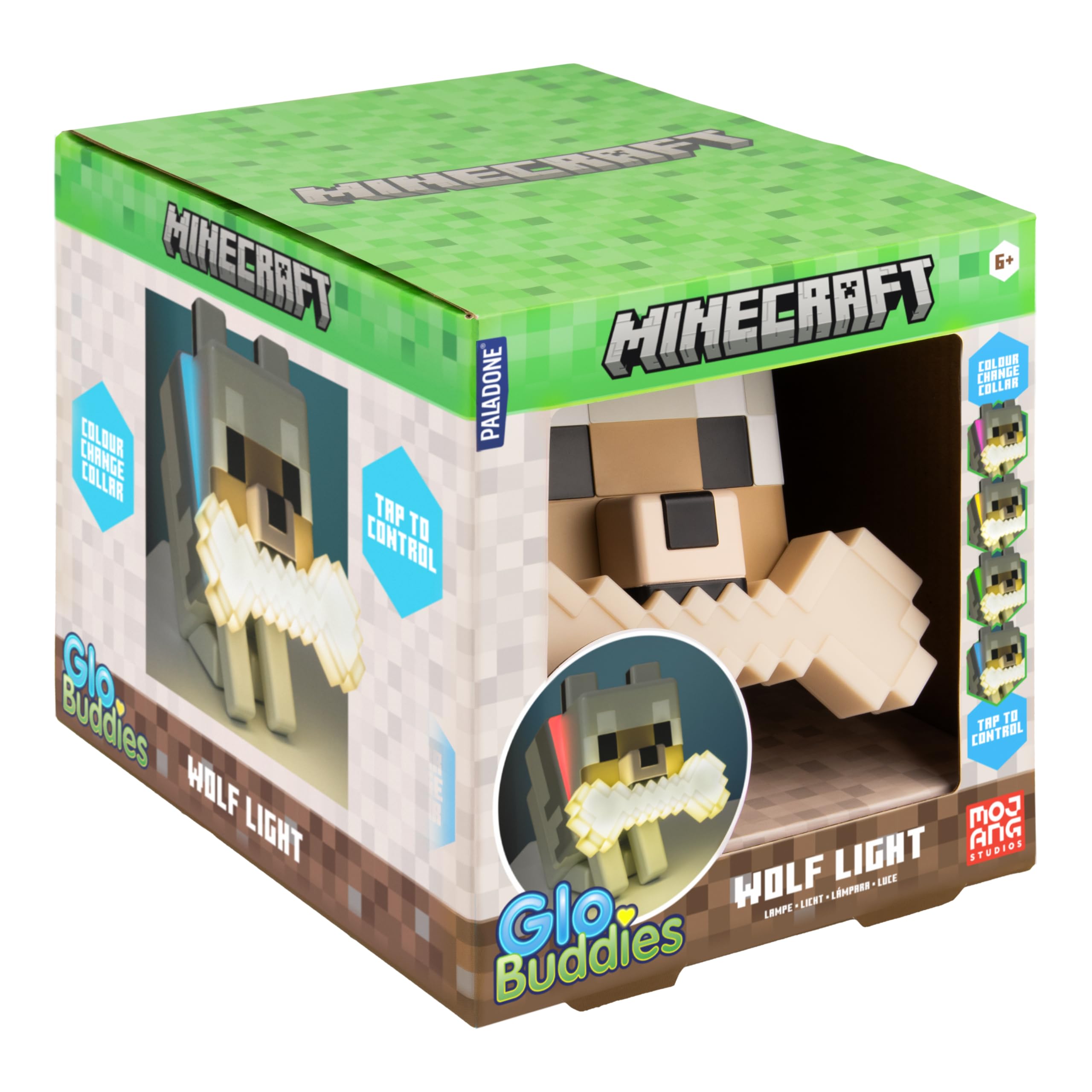 Paladone - GloBuddies Lámpara LED de noche con luz que cambia de color en 3D de Wolf con licencia oficial de Minecraft, toca para cambiar de color, merchandising de gaming, funciona con pilas