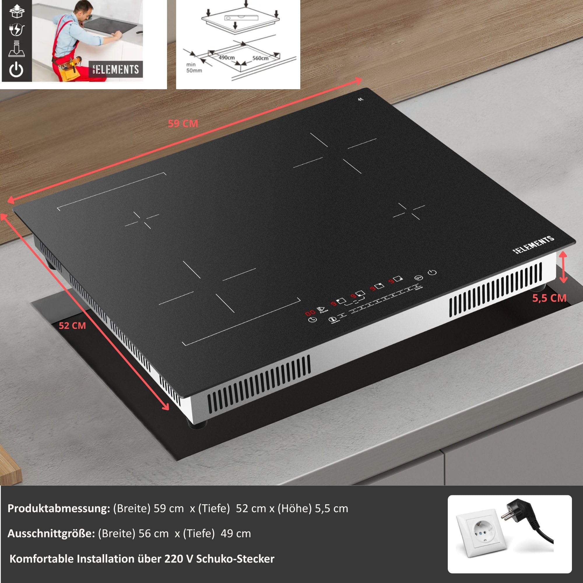 Induktionskochfeld 60 cm, Warmhaltefunktion, Induktionskochfeld mit stecker, kratzfeste Oberfläche, mit Stecker, Flexzone, Autark, Rahmenlos, Touch-Bedienung