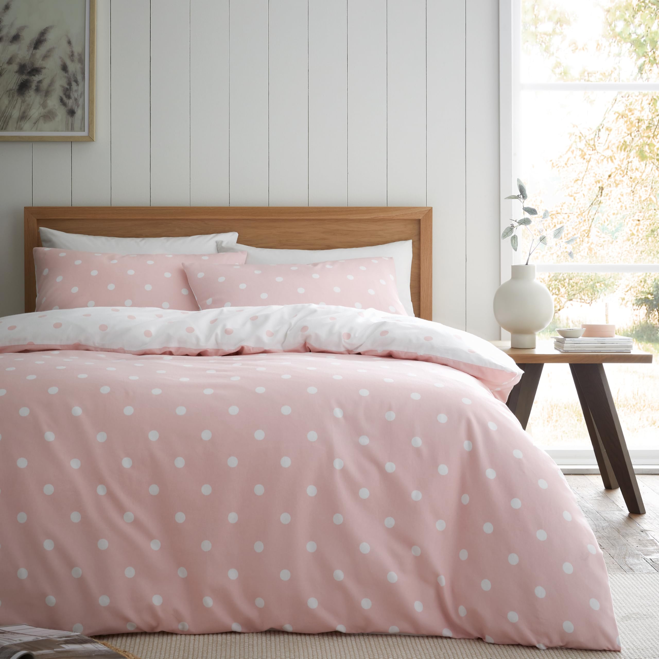 Catherine Lansfield Brushed Polka Dot Cotton Reversible King Duvet Cover Set with Pillowcases, Pink