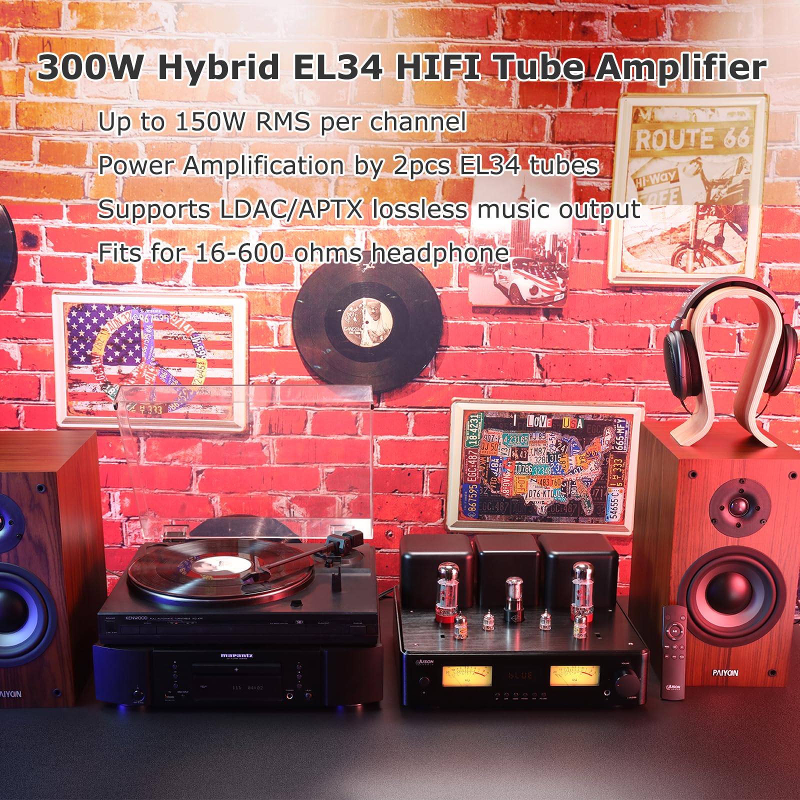 Juson Audio JTA200 150W RMS x 2 | EL34 HiFi Class AB Hybrid Stereo | Amplificatore tubolare con BT 5.4, compatibile con giradischi e cuffie ad alta ohm | Amplificatore tubolare da 150 W x 2, Hifi Class AB stereo amplificatore EL34, amplificatore tubolare