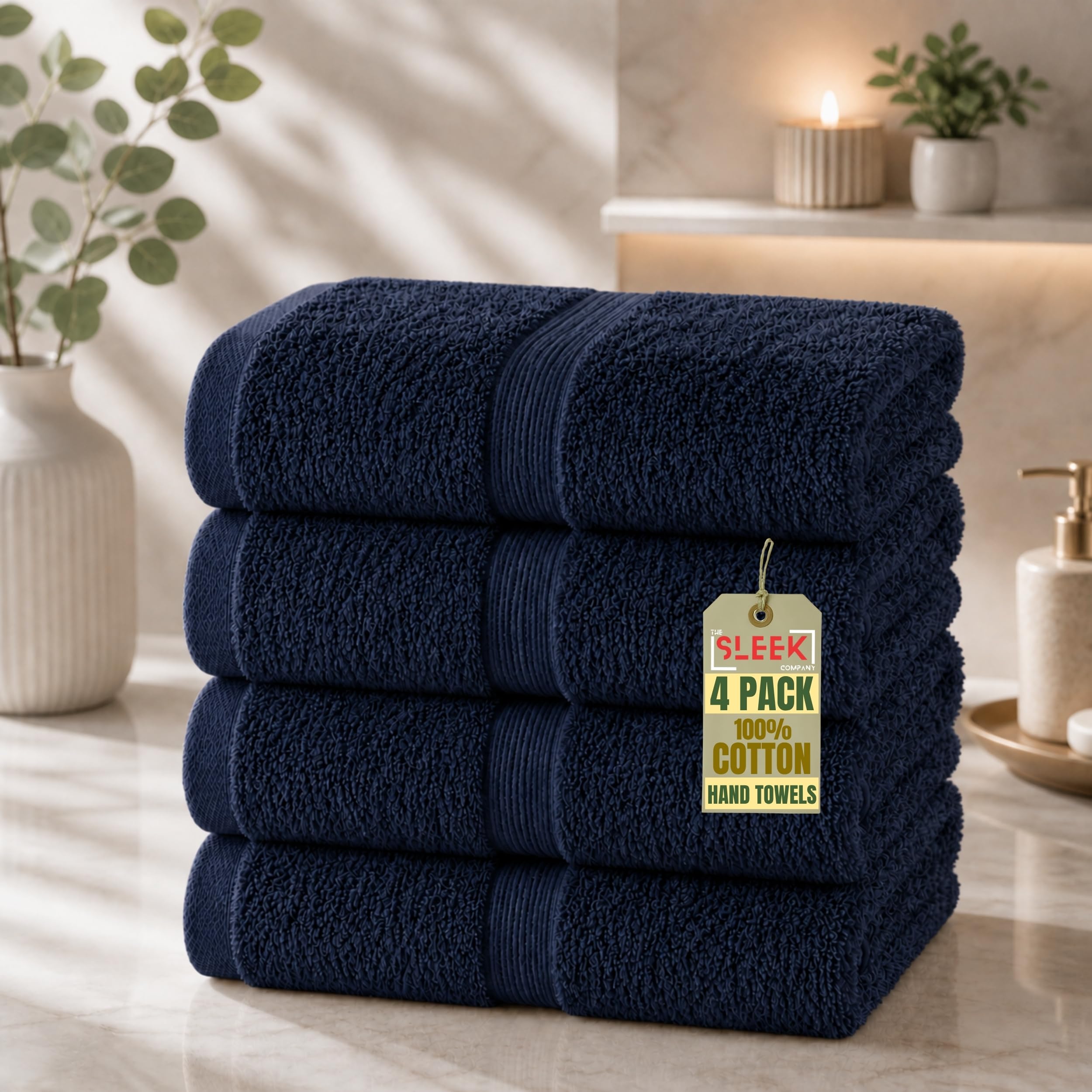 600GSM Royal Egyptian Cotton Hand Towels For Bathroom (50x80cm) – Pack Of 4 – Soft & Absorbent Kitchen Hand Towels For Hand Drying – Hypoallergenic & Durable Hand Towel for Homes & Hotels (Navy Blue) — image 1