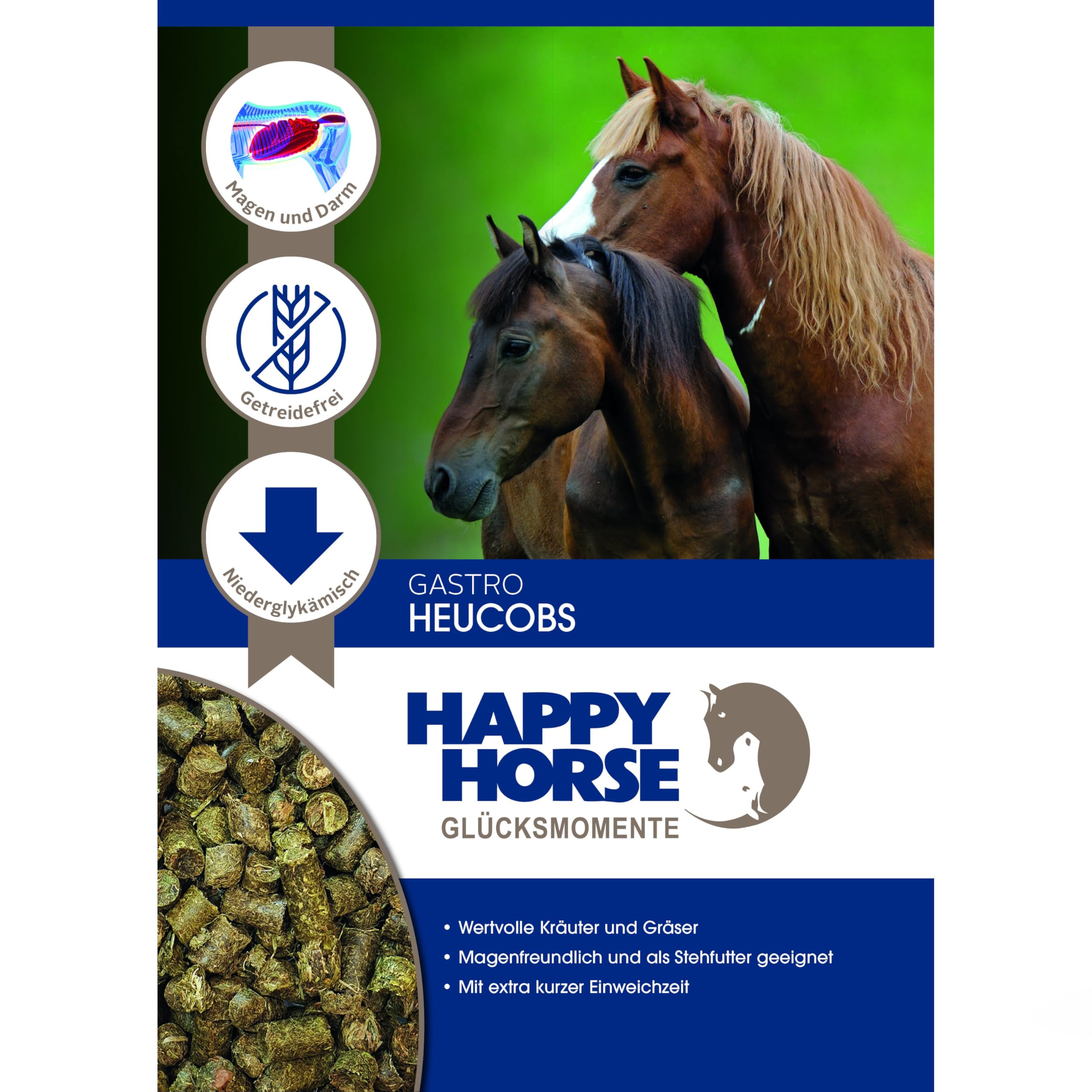 HAPPY HORSE Gastro Heucobs | 2 x 14kg | Schnell einweichende Heucobs für Pferde | Stärkearm & Melassefrei | Hochverdaulich mit Kräutern | Heucobs für ältere Pferde & bei Zahnproblemen