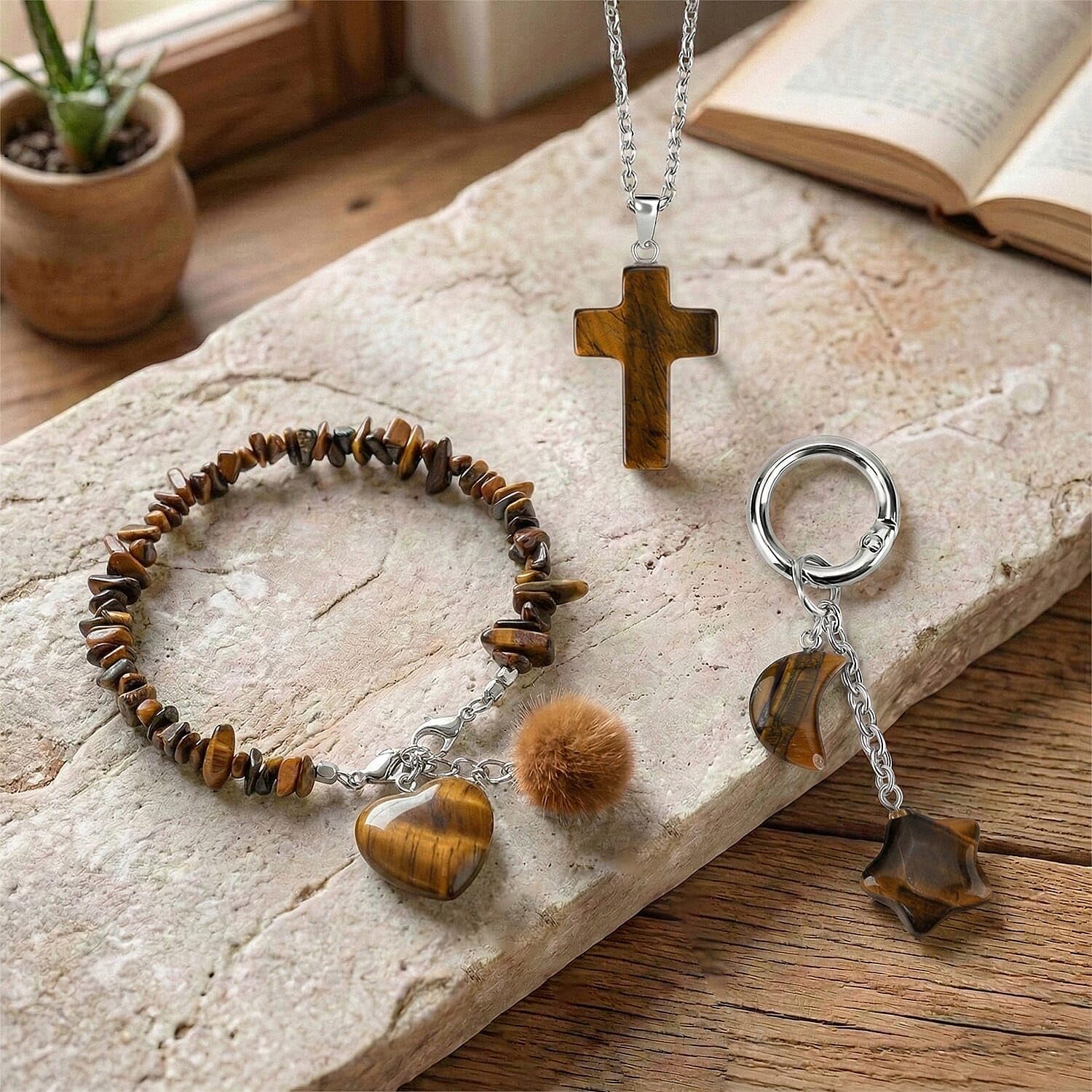 SHOP LC DELIVERING JOY Green Aventurine Gemstone Gift Set of 3 Keyring, Beaded Bracelet and Cross Necklace 18 Inches