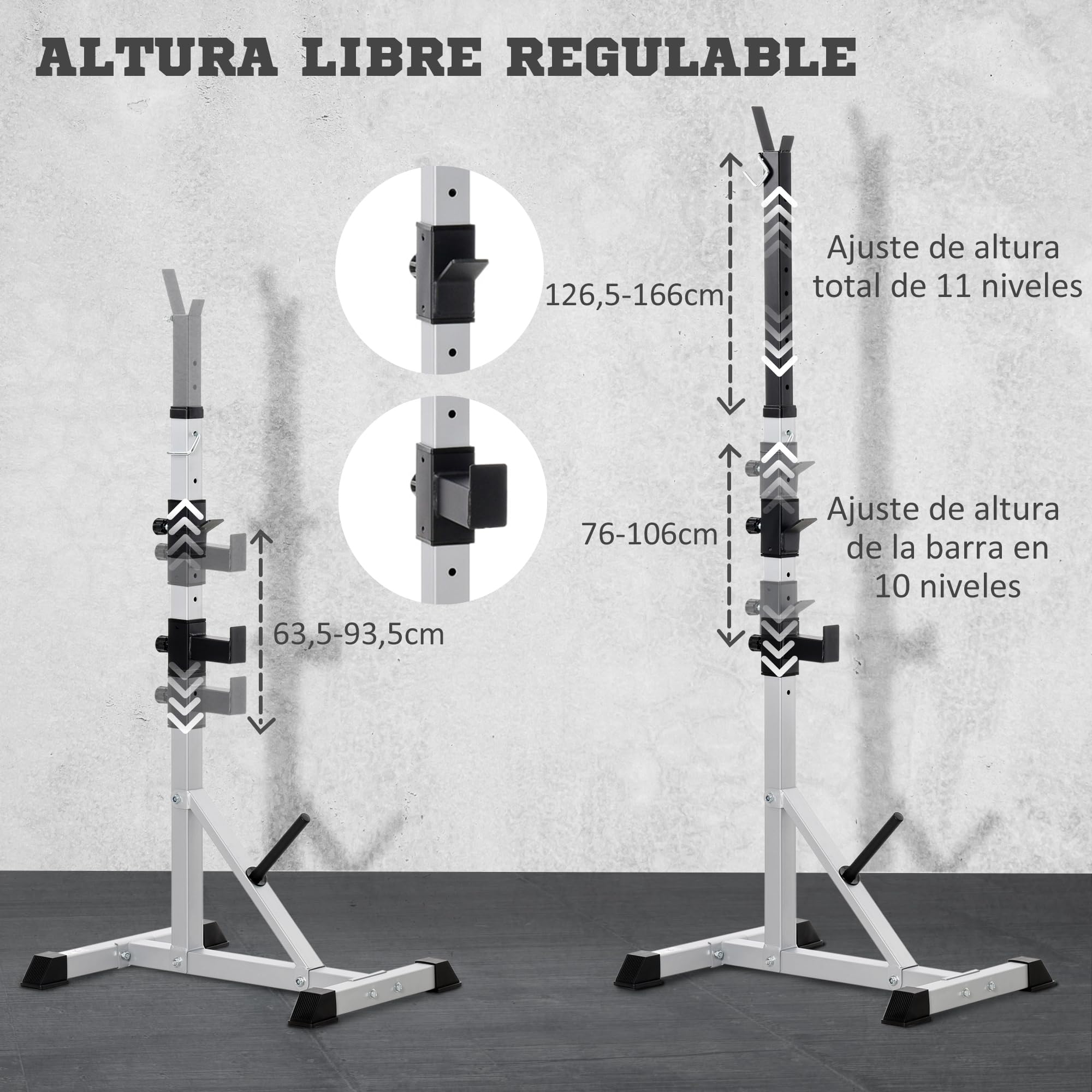 HOMCOM Soporte para Barras de Pesas Altura Ajustable 200 kg Plata Negro | Rack Musculación, Marco de Acero, para Entrenamiento en Gimnasio Casa