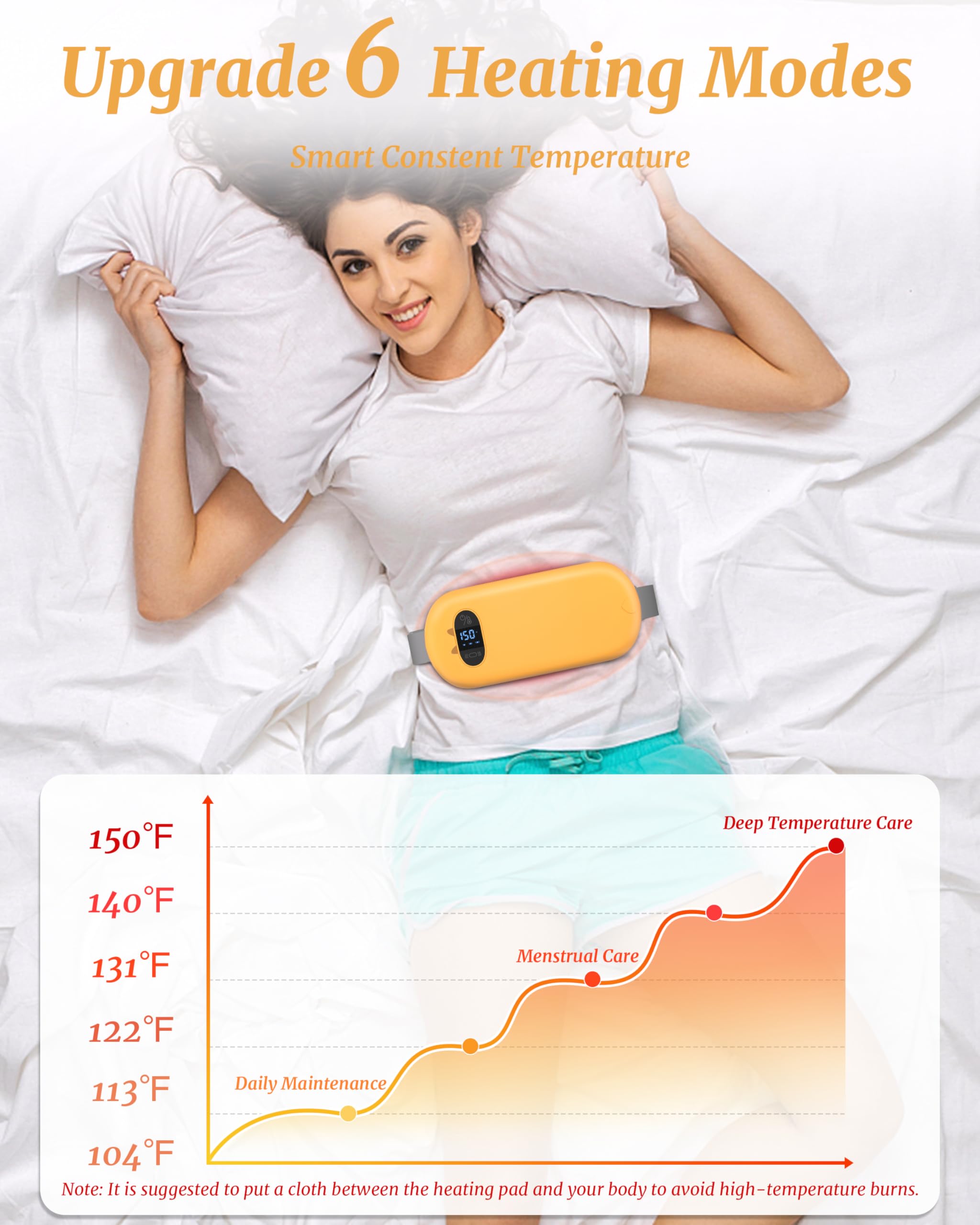 Heat Pad for Period Pain Relief Upgraded 6 Heat Massage Modes Electric Fast Heating Pad for Lower Back Pain Cramp Menstrual Rechargeable USB Heated Belt Gifts for Women Girls Her Yellow - Image 4