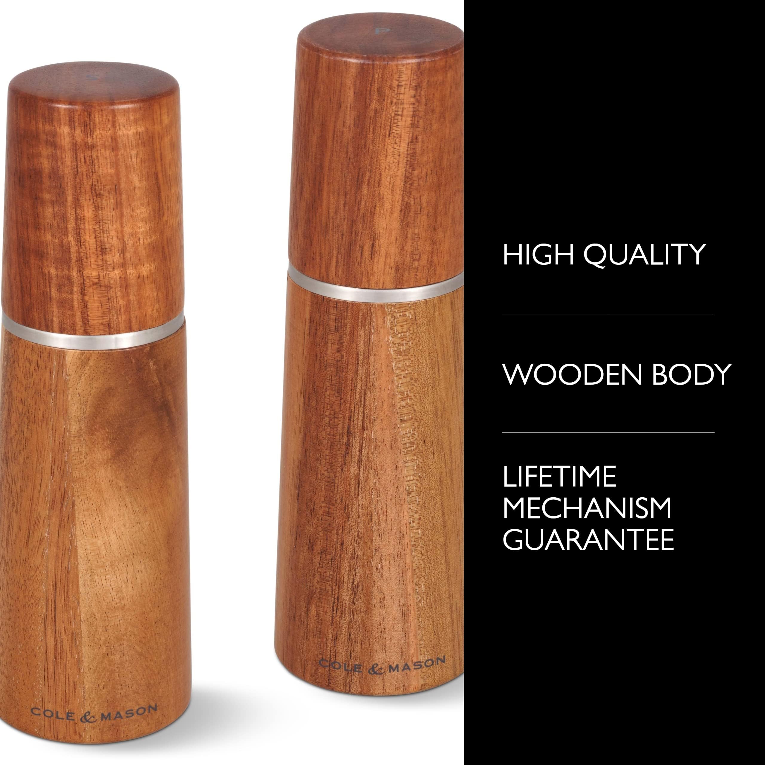 Cole & Mason Marlow Acacia ahşap tuz değirmeni ve karabiber değirmeni, 2'li set, akasya ağacı, 18,5 cm, baharat değirmeni, geleneksel ayarlanabilir değirmen seti, seramik değirmenli, H322225
