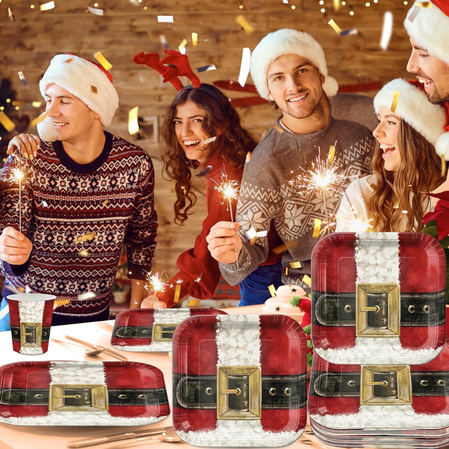 168PCS Christmas Party Supplies Red Santa Belt Party Decorations Winter Santa Claus Suit Paper Plates Napkins Forks for Xmas Holiday Birthday Baby Shower Home New Year Party Decor Serves 24 - Image 6