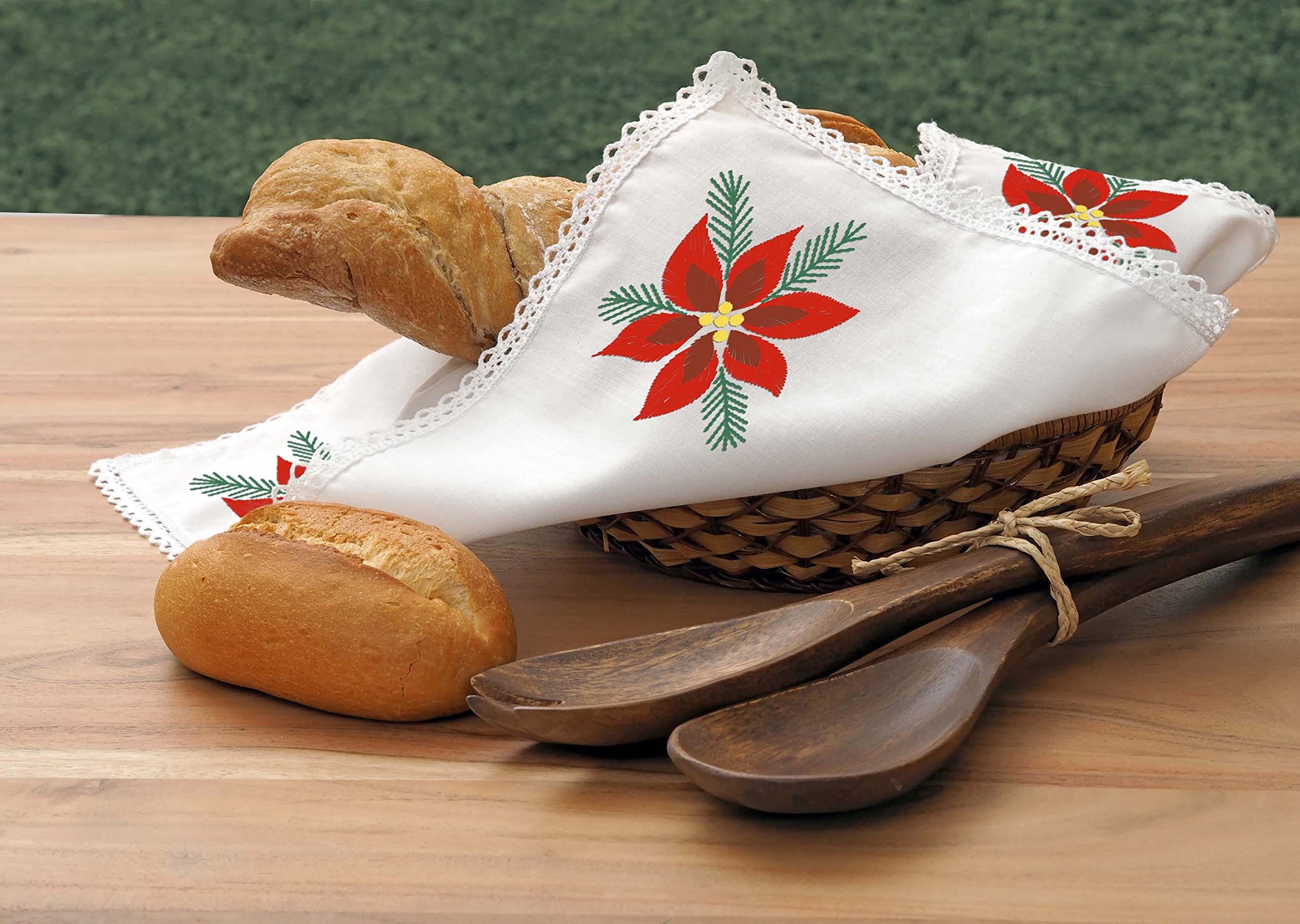Leisure Arts Bread & Basket Cloth 15.7"X15.7" Poinsettia, Stamp Embroidery Cloth, Bread Cloth, Tea Towels for Bread, Towel, Cloth Cover, Pastry