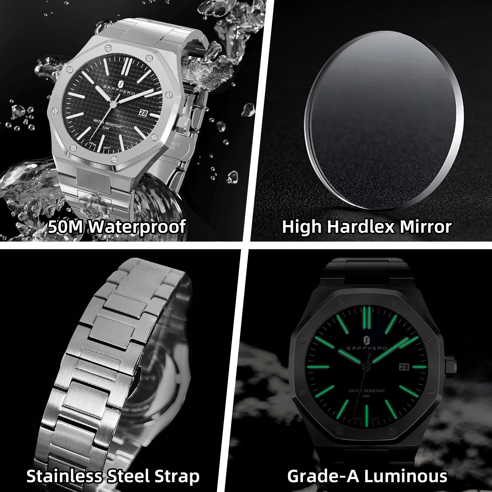 SAPPHERO Uhren Herren Quarzwerk Silber Edelstahl Armband 50M Wasserdicht Datum Kalender Schwarz Blau Herrenuhren Armbanduhr Geschenke für Männer