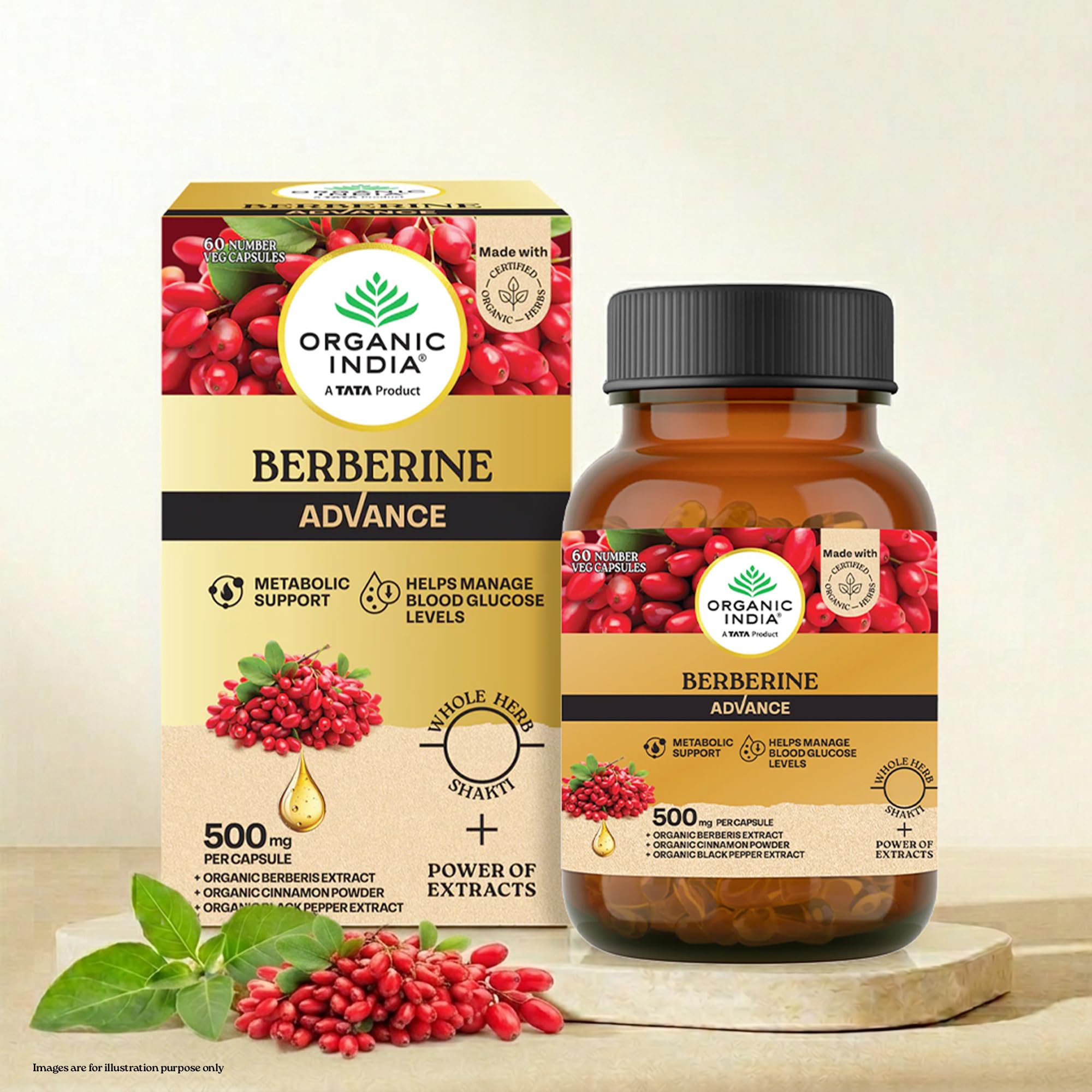 Organic India Berberine Advance Capsules, 60 Veg Capsules, 500 mg per Capsule, With Organic Cinnamon & Black Pepper Extract, Metabolic Support & Blood Glucose Balance