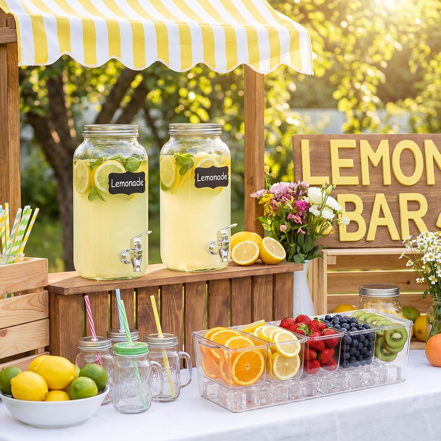 9 Pcs Lemonade Stand Supplies Lemonade Bar Supplies Include 2 Lemon Glass Drink Dispenser, 1 Transparent Storage Box with Lid, 5 Plastic Clips, Sticker for Summer Wedding Birthday Party image 2