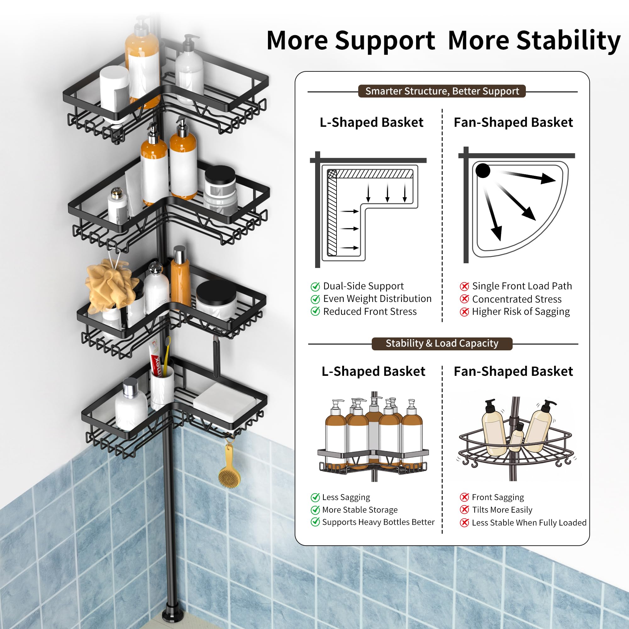 KEGII Corner Shower Caddy Tension Pole - Shower Tension Rod Organizer, Floor to — product photo