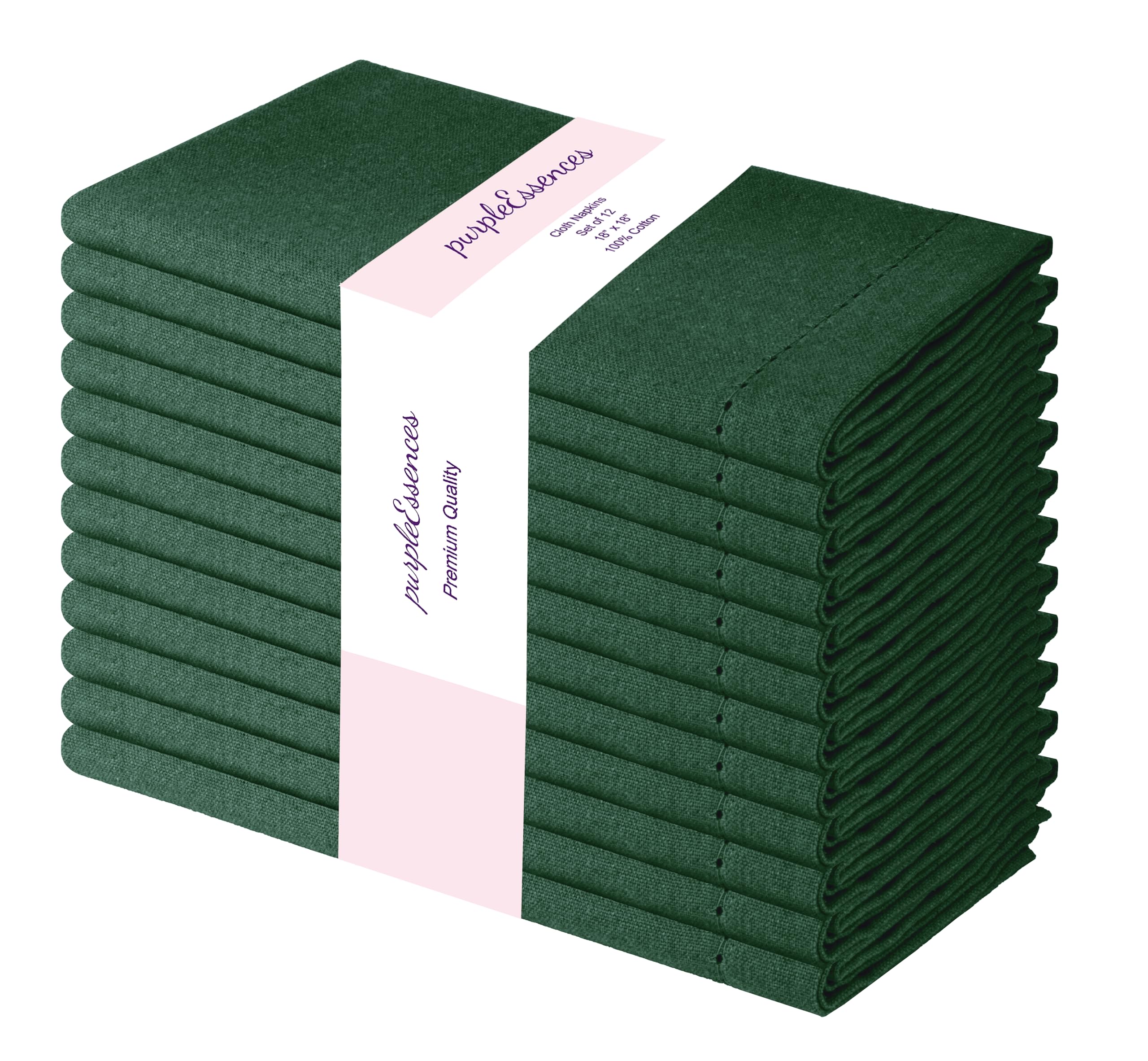 PurpleEssences Set of 12 Hemstitch Cloth Dinner Napkins 100% Cotton - Soft Durable Washable - Ideal for Wedding Fall Thanksgiving - Perfect Everyday Use Table Linen 18x18 - Forest Green
