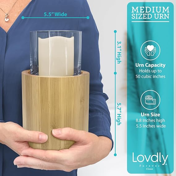 Cremation Urn for Human Ashes | Keepsake Urns for Adult & Pet Ashes | Decorative Urn Made from Premium Wooden Base with Glass Top & Flameless LED... (Bamboo, Medium Bamboo)