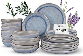 BUTLERS Hilda Crockery Set for 6 People, 24 Pieces, Stoneware Crockery Blue Dinner Service, Country House, Dinner Plates, Breakfast Plates, Set of 6, Bowl Set, Pasta Plate, Microwave and Dishwasher