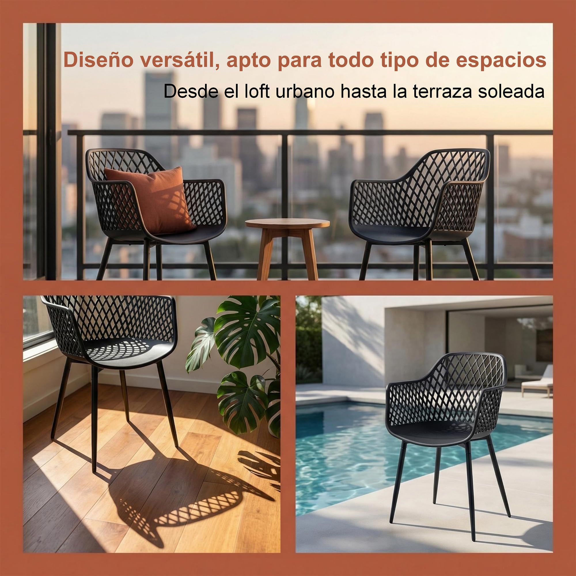 Juego de 6 sillas de Comedor con Respaldo geométrico Moderno de plástico para Patio con Patas de Metal, Silla de jardín al Aire Libre, Silla de Comedor con Brazos para balcón, Color Negro