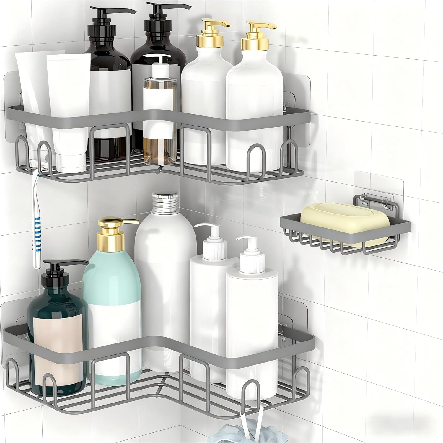 Moforoco Corner Shower Caddy Shelf Organizer Rack, Self Adhesive Grey Bathroom Shelves Basket, Home Wall Shower Inside Organization and Storage Decor RV Accessories, First Apartment Essentials