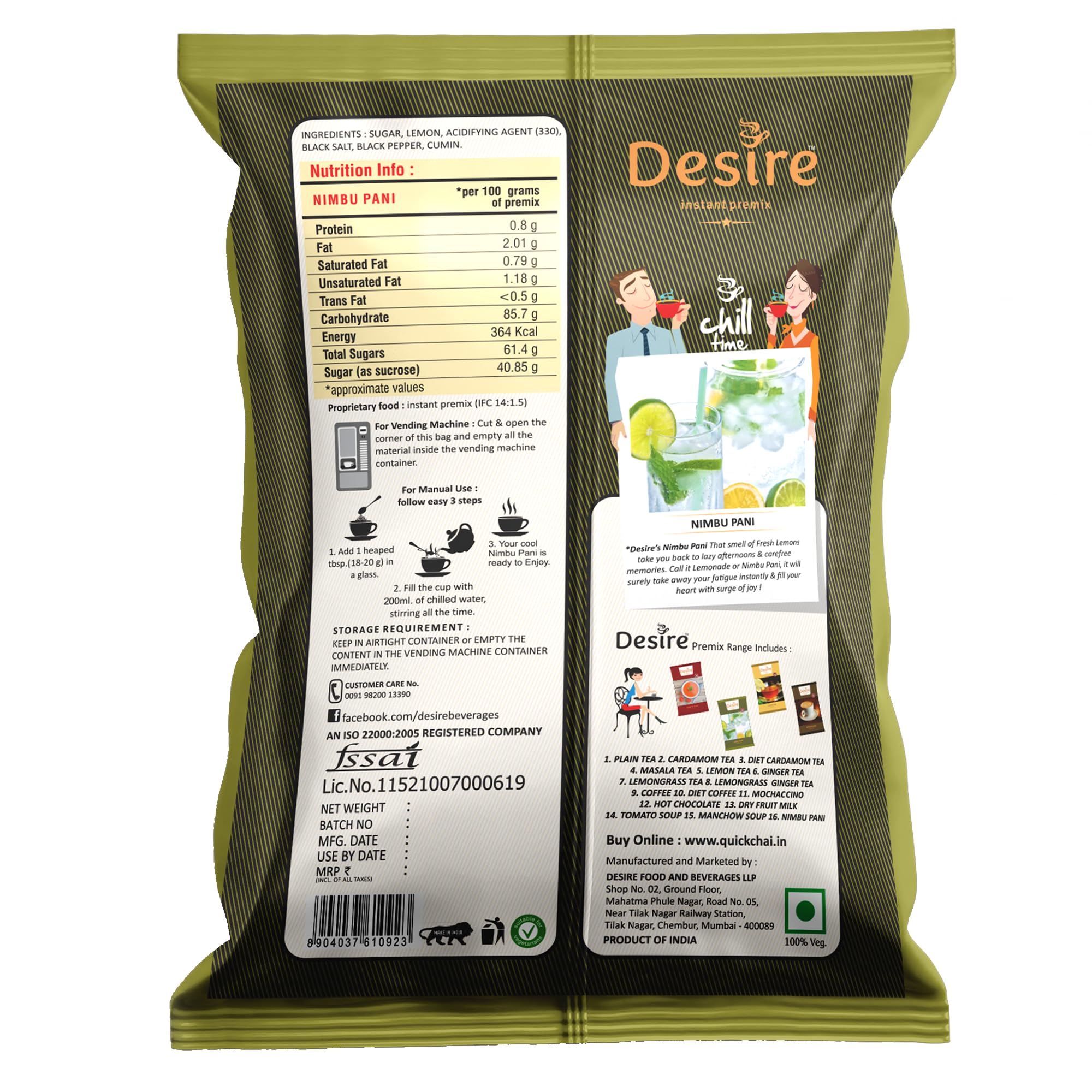 Desire Instant Premix Nimbu Pani Powder Readymade | Just Add Cold Water and Enjoy Nimbu Pani Masala During Summer | Lemonade Drink, Refreshing taste (1 KG)