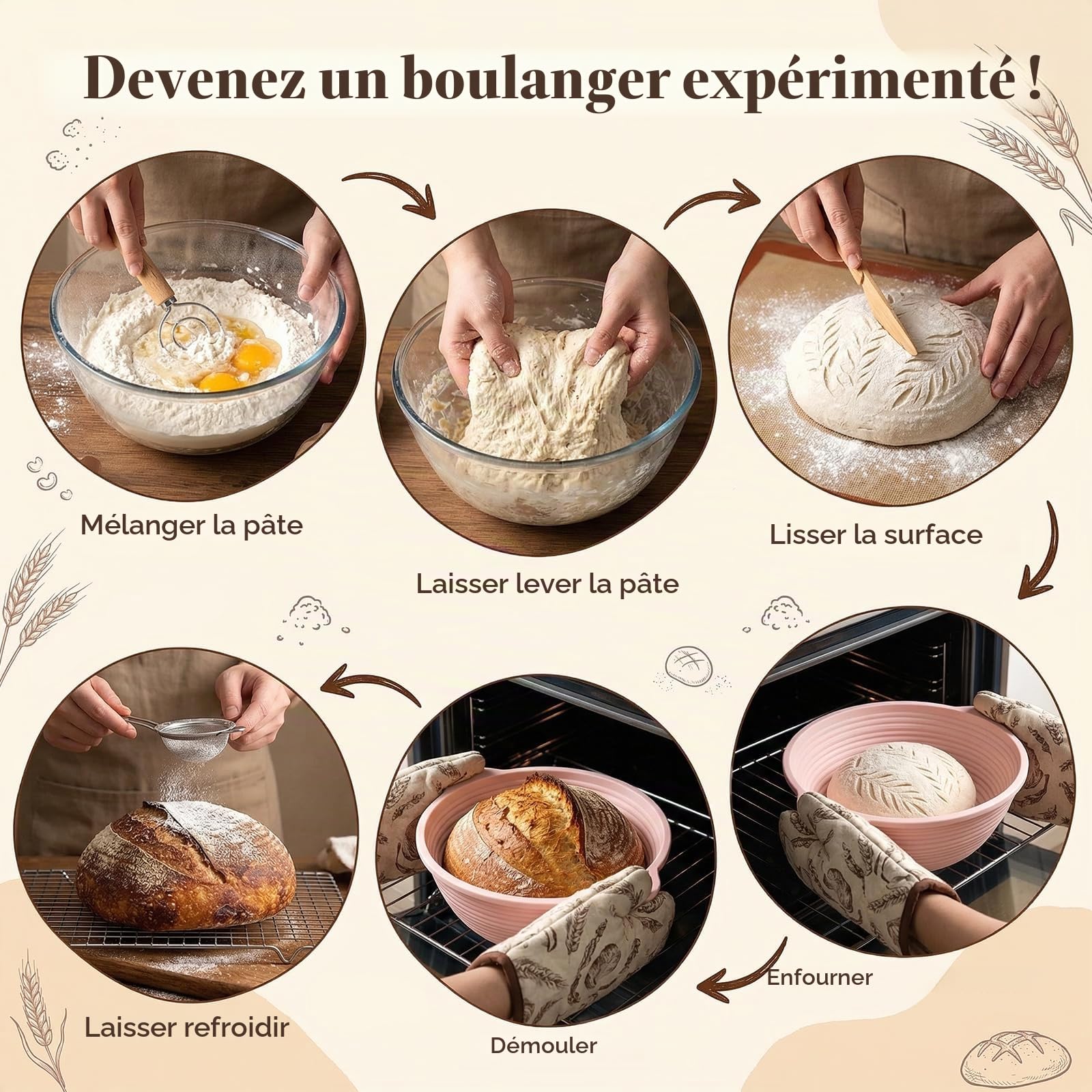 2 Banneton pour pain pliables en silicone, Kit de démarrage pour levain 12 pièces (29 cm ovale & 28 cm rond), bocal 730 ml, ensemble complet de cuisson, Débutants & boulangers expérimentés