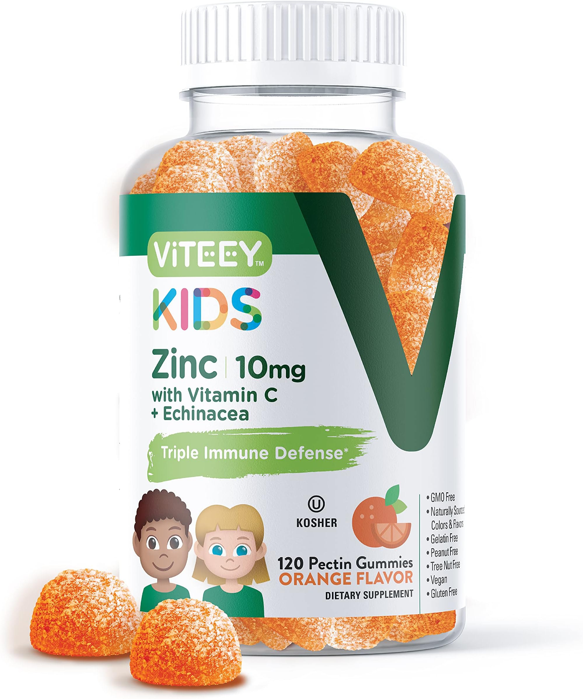 Viteey Zinc for Kids Gummies 10mg, with Vitamin C & Echinacea - Immune Support, Powerful Natural Antioxidant, Kids Zinc Vitamin Supplement - Vegan, Gelatin Free - Tasty Chewable Orange Flavor Gummy