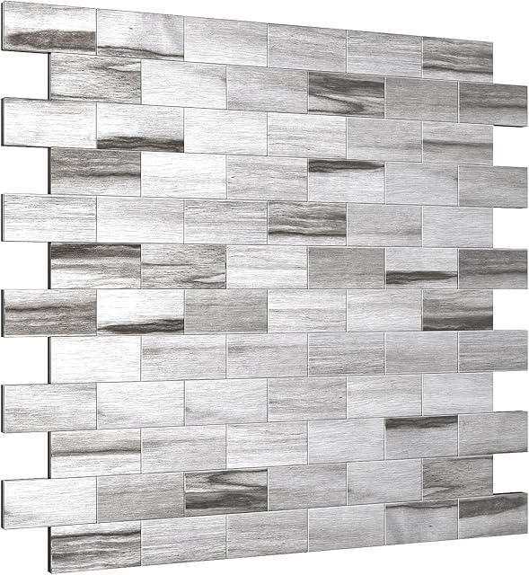 BeNice Stick on Wall Tiles Stickers,Self Adhesive Splashback Peel and Stick Kitchen Tiles Brick Mosaic Tiles Metal Backsplash(5sheets,Grey)
