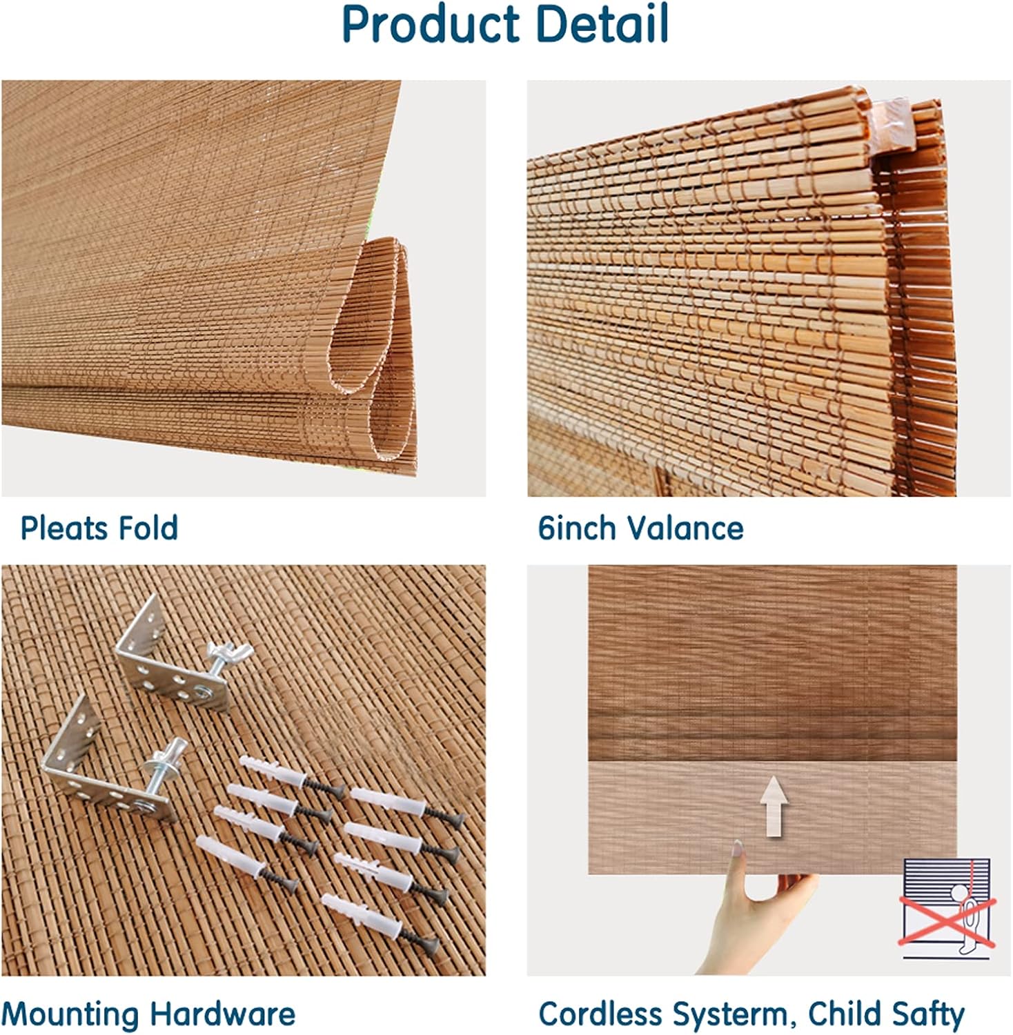 LETAU No Drill No Tools Cordless Wood Window Roman Shades, Bamboo Light Filtering Window Blinds for Indoor Home, Kitchen, Office, Pattern 12