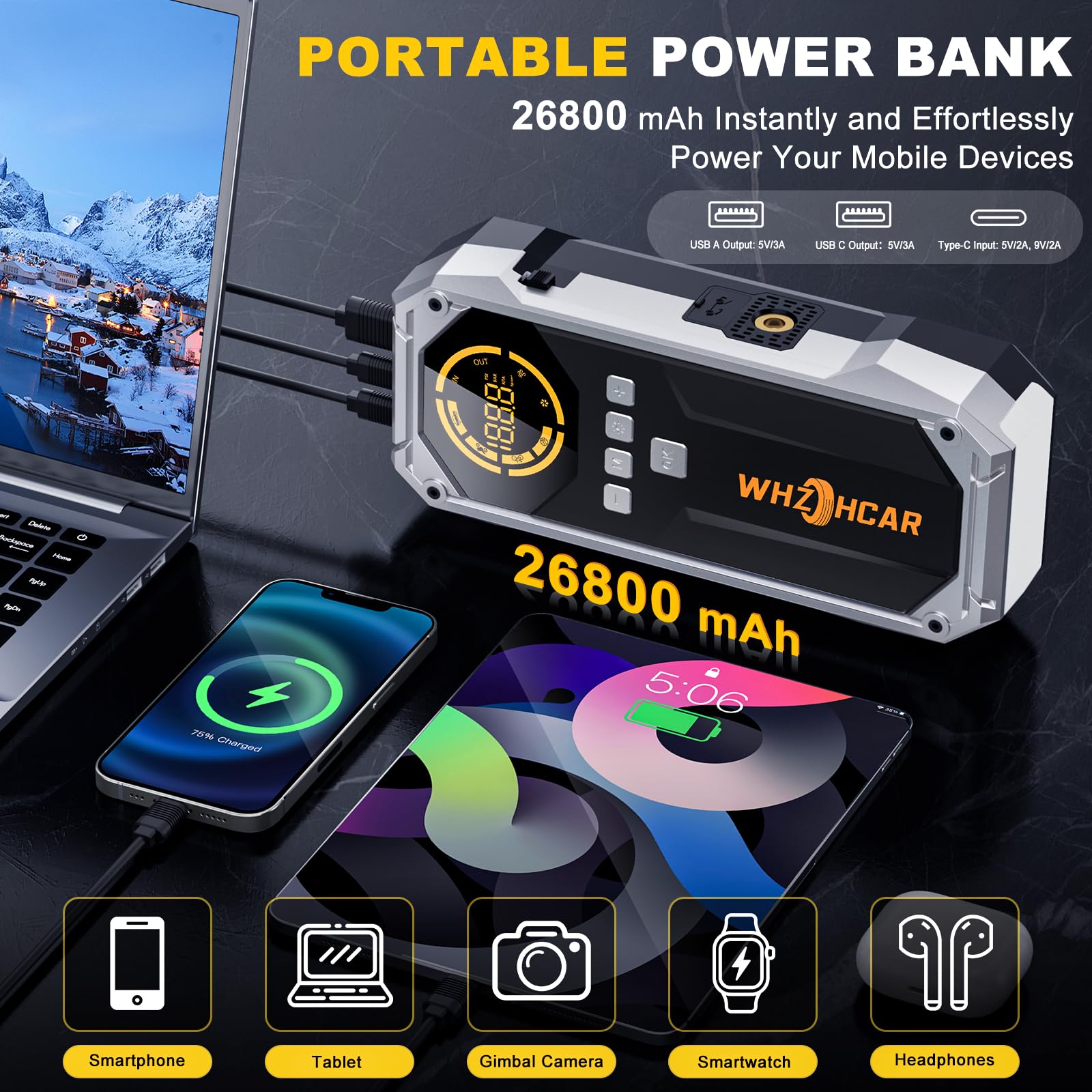 Arrancador de Coches 8000A Compresor de Aire 150PSI Arrancadores de Bateria de Coche 12V (hasta 12L de diésel o All de Gasolina) Jump Starter con Lumen LED Clips de Seguridad Inteligentes Carga Rápida