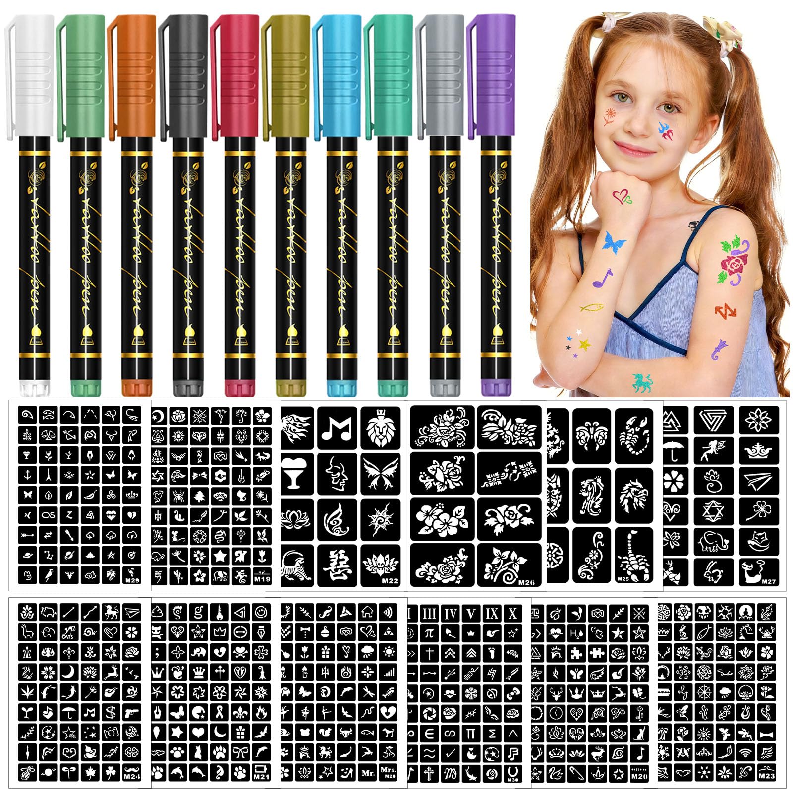10pcs Tatuaggi Temporanei Pen, 479 Fogli Stencil Tattoo, Ephemeral Tattoo Skin Marker Per Ragazzi, Ragazze, Carnevale, Halloween, Festa di Compleanno