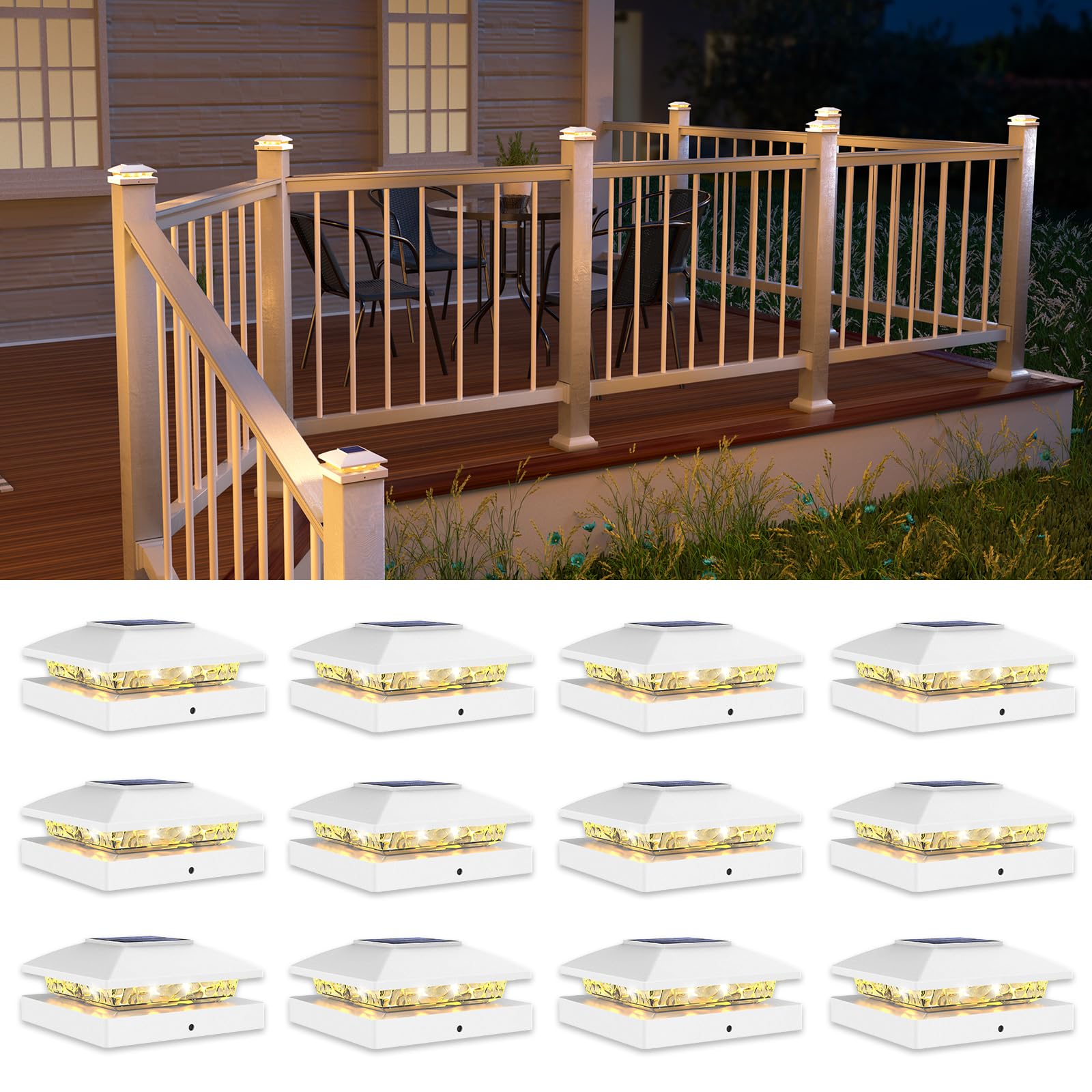 VOLISUN 4x4 Solar Post Cap Light 12pack,Solar Fence - Post Lights Outdoor Waterproof for Wooden/Vinyl,White Deck Cap Light Solar Powered with Warm White for Garden/Patio/Porch