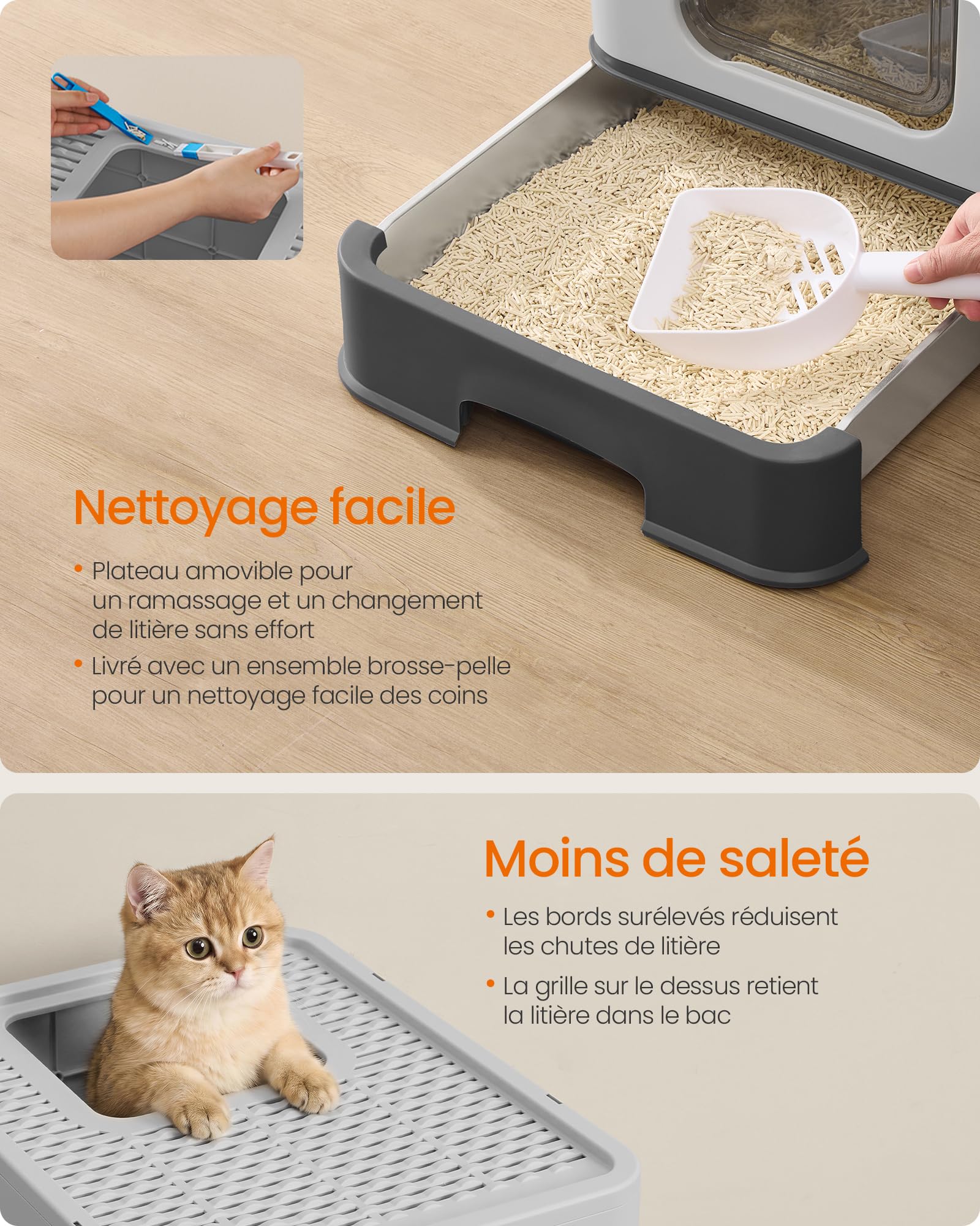 Feandrea Bac à Litière pour Chat en Acier Inoxydable, Caisse Litière avec Plateau Coulissant, Pelle, Brosse, 2 Entrées, pour Chats Jusqu’à 15 kg, Gris Anthracite et Gris Tourterelle PPT004B101