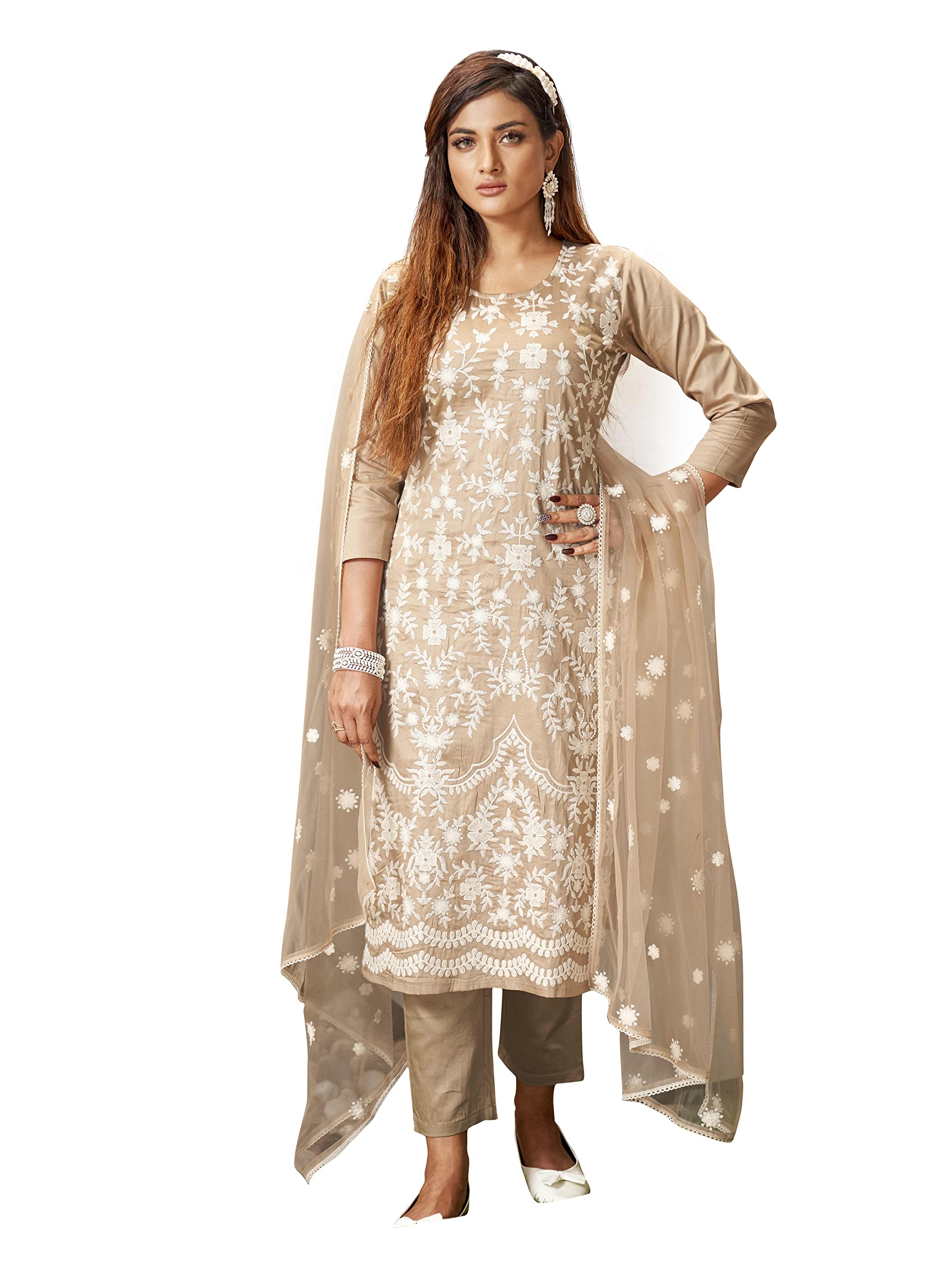 Womanista Women's Floral Embroidered Chikankari Pure Cotton Kurta With Trousers & Dupatta(Kurtaset_1121_L), Kurta Trouser With Dupatta Set