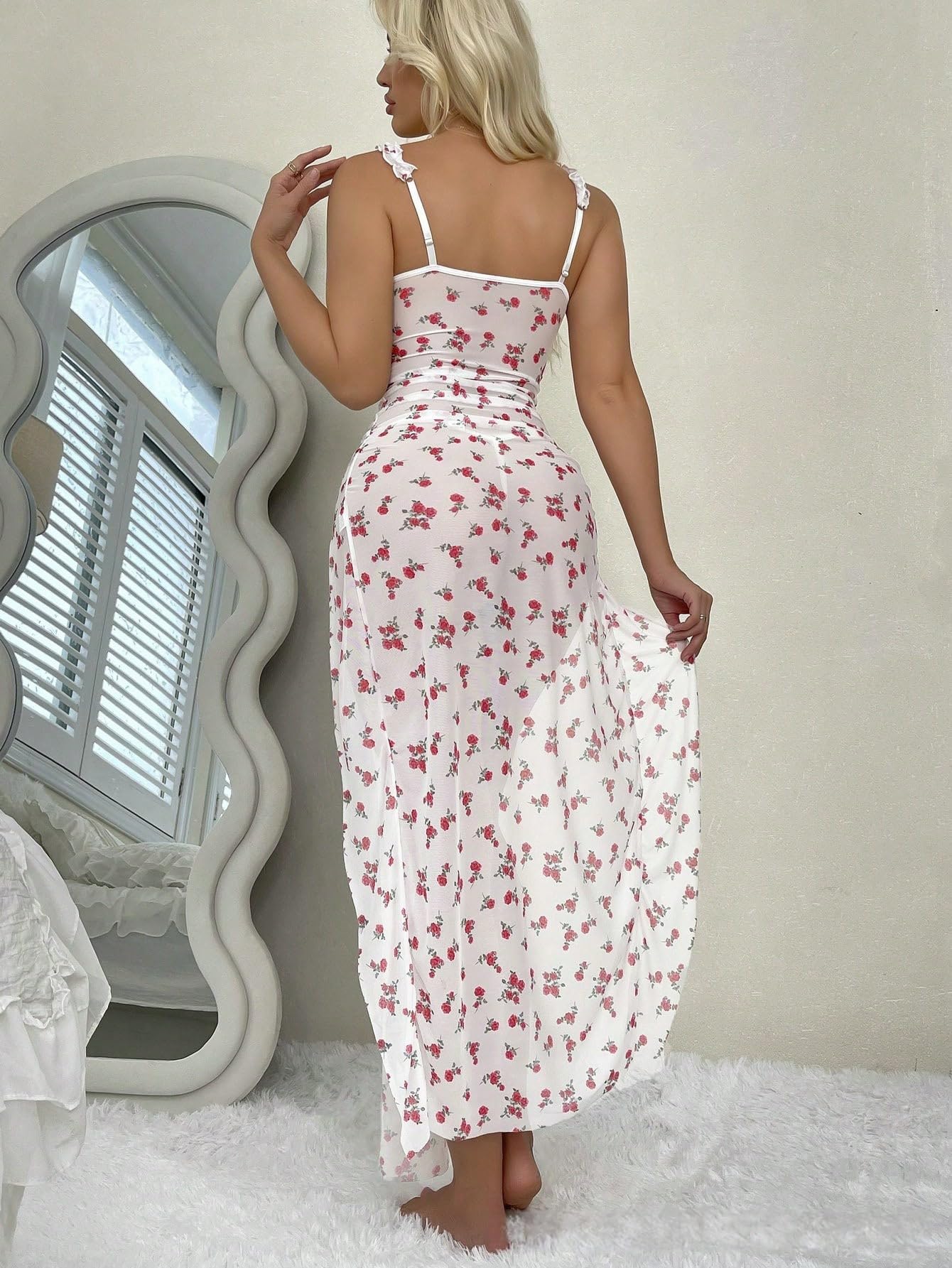 Robe Transparente Sexy Femme Robe Longue Sexy À Imprimé Floral Rose Et Double Fente avec String
